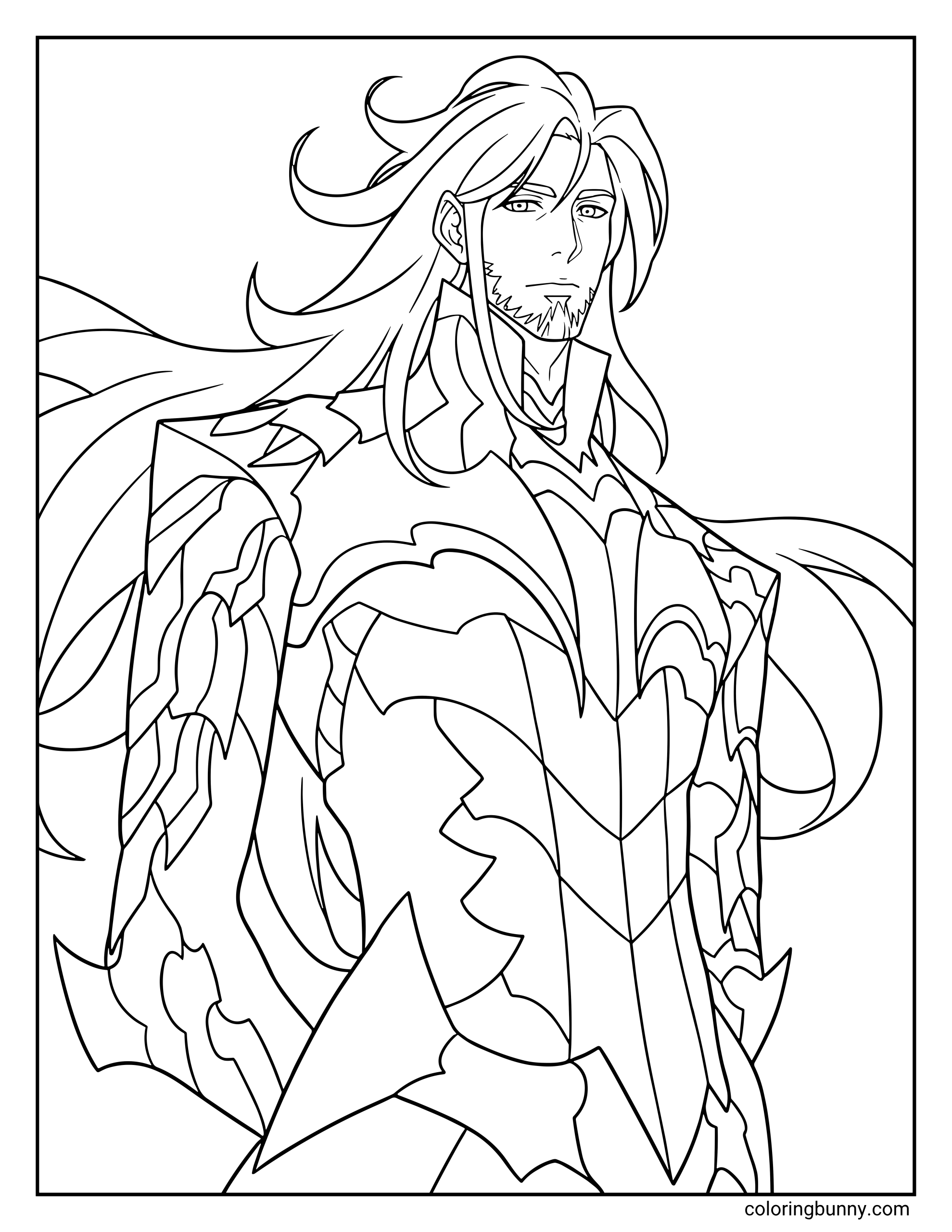 A coloring page of Antares, the Monarch of Destruction from Solo Leveling, standing in his majestic human form with flowing hair and ornate armor.