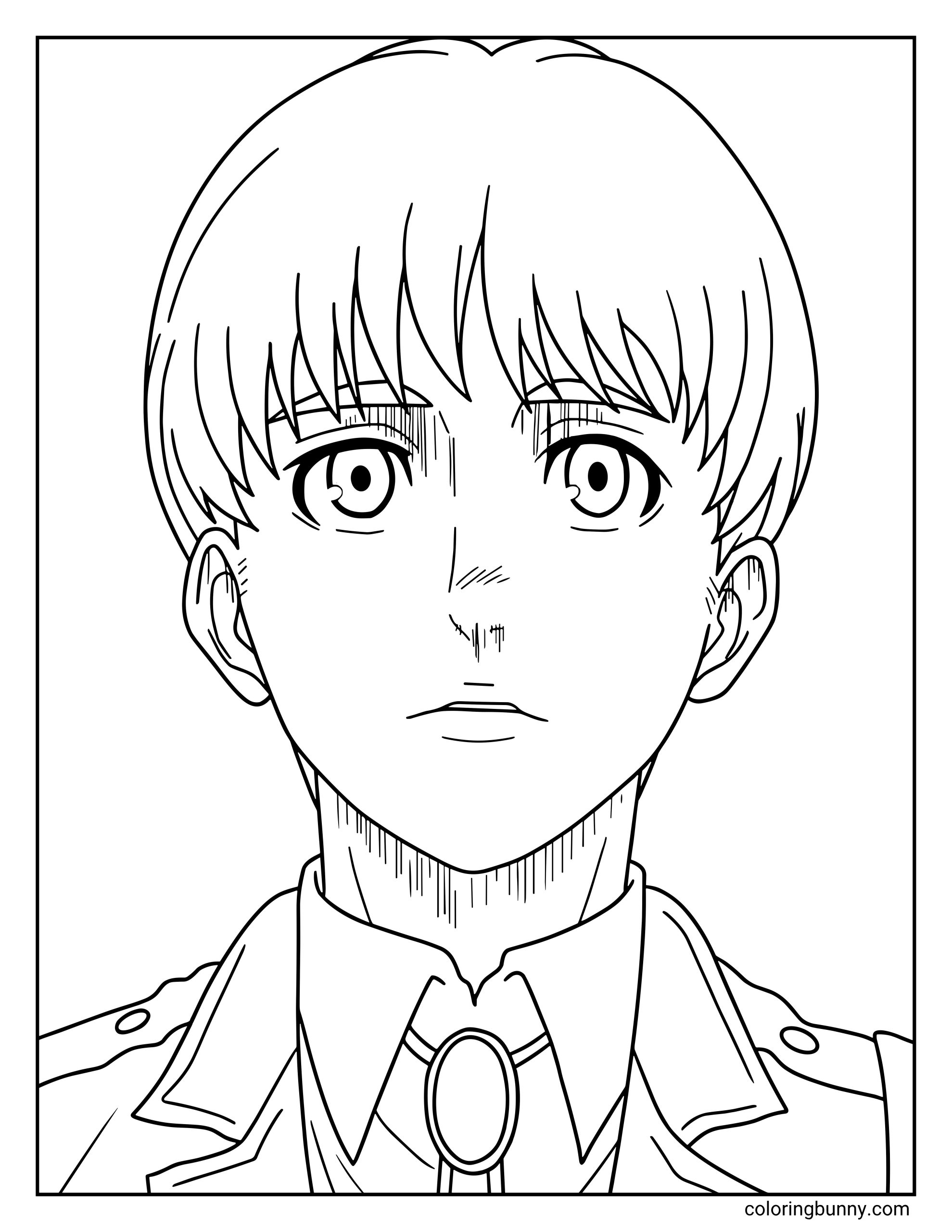 A coloring page of Armin Arlert from the Attack on Titan anime, featuring a front-facing line art portrait of him in his military uniform.