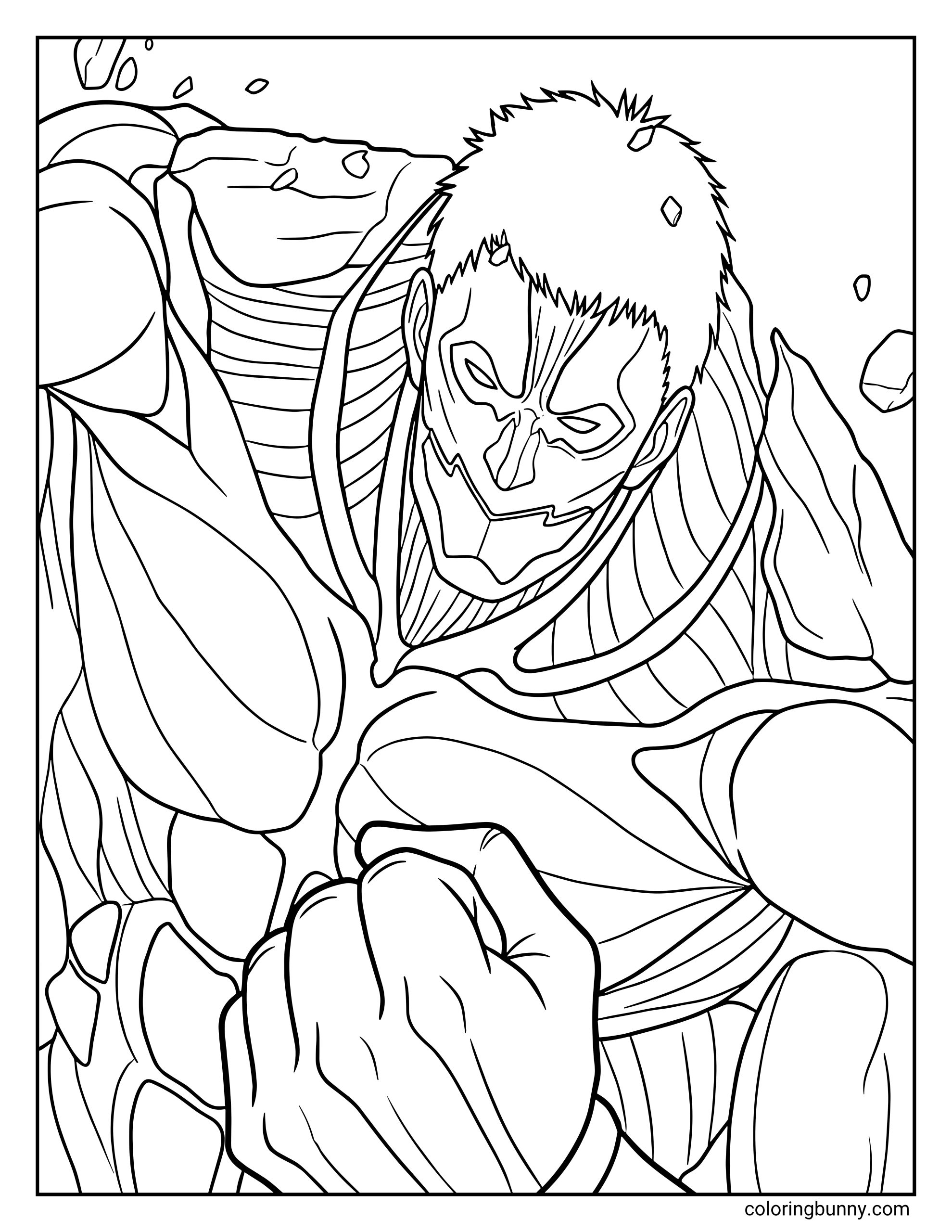 A coloring page of the Armored Titan from the Attack on Titan anime, featuring detailed line art of its hardened, plate-like skin and muscular physique.
