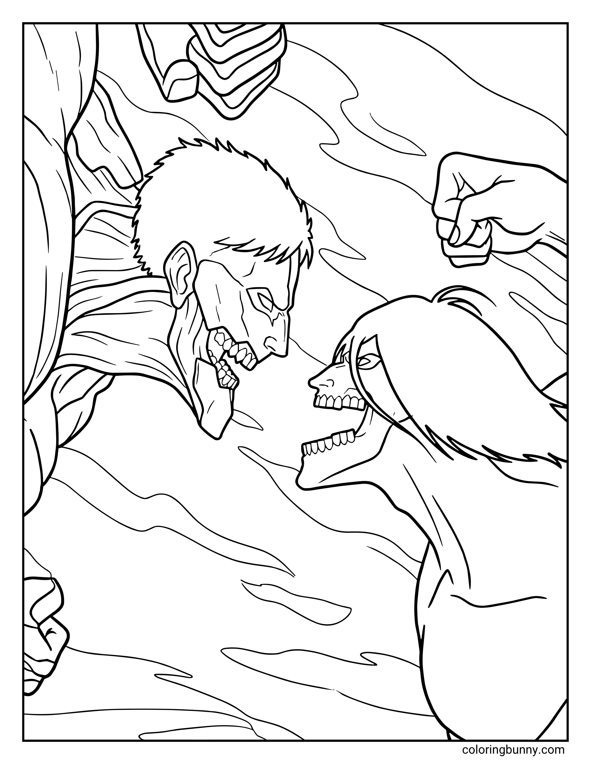 A coloring page of the Attack Titan and Armored Titan from the Attack on Titan anime, capturing an epic face-off between the two rivals.