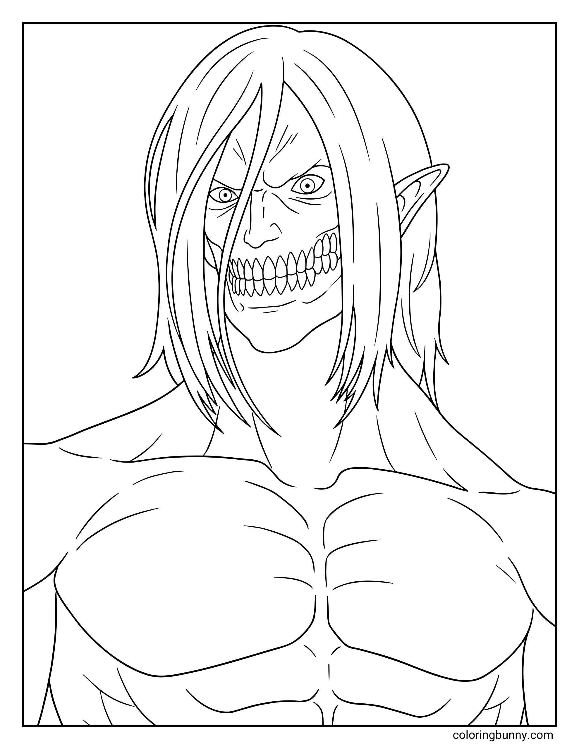A coloring page of the Attack Titan from the Attack on Titan anime, featuring a muscular Titan's upper body and intense, vengeful face.