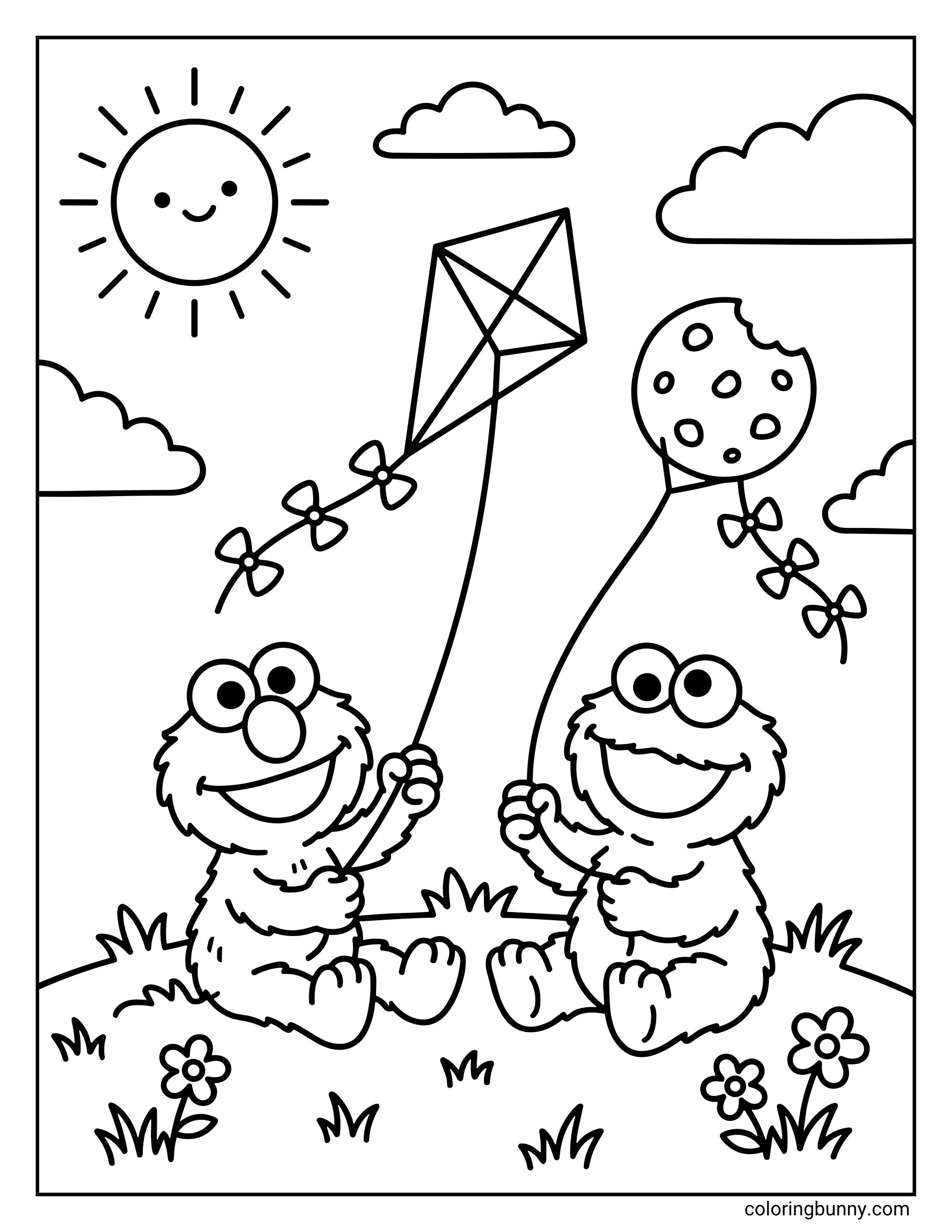 Baby Cookie Monster and Baby Elmo coloring page featuring the adorable furry friends sitting happily in a grassy meadow dotted with small flowers. Baby Elmo is expertly flying a traditional diamond kite, while Baby Cookie Monster flies a hilarious round kite that looks exactly like a giant bitten chocolate chip cookie, all under a smiling sun and fluffy clouds.