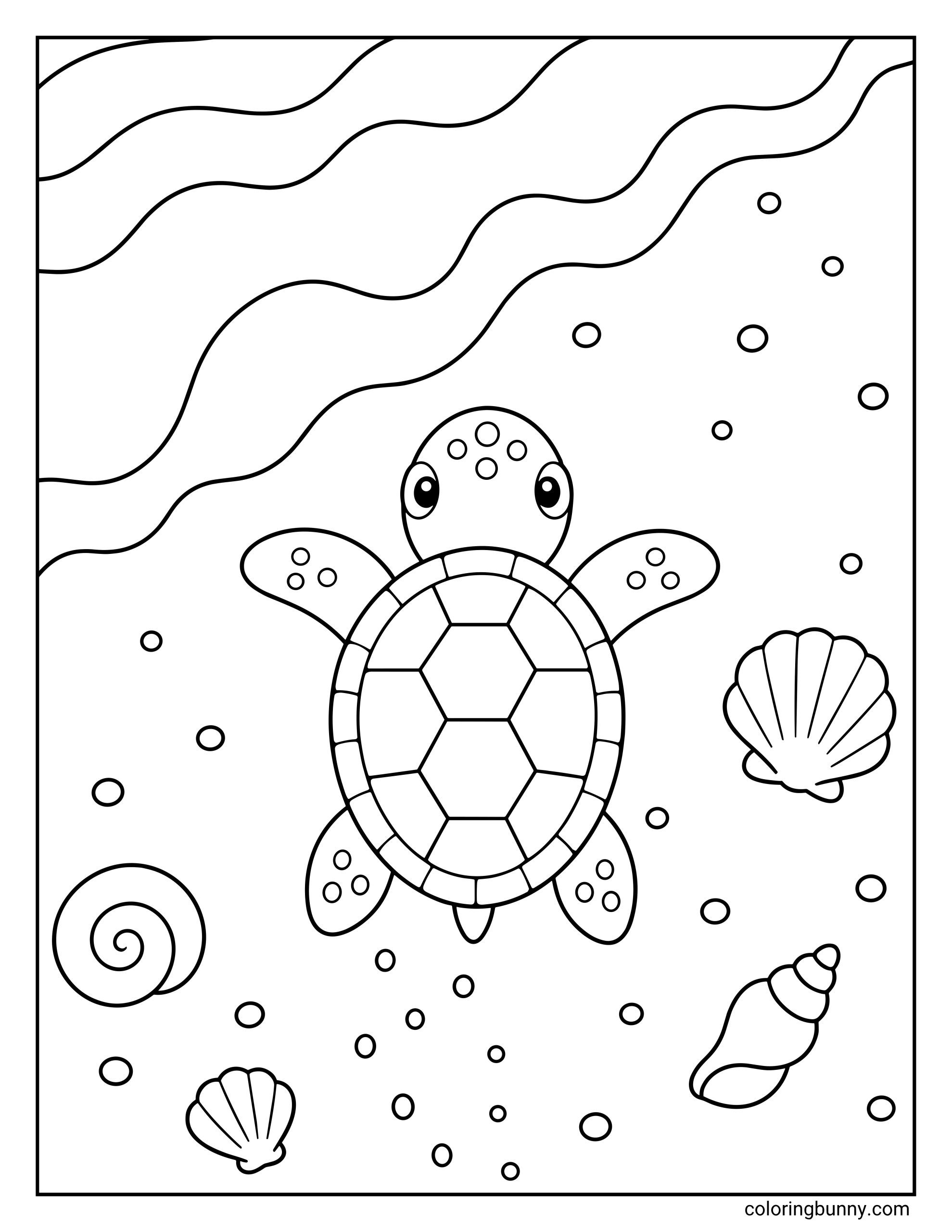 A cute baby turtle coloring page featuring the turtle swimming toward a sandy shore. The page features several unique seashells on the ocean floor and gentle, wavy lines representing the tide coming in.