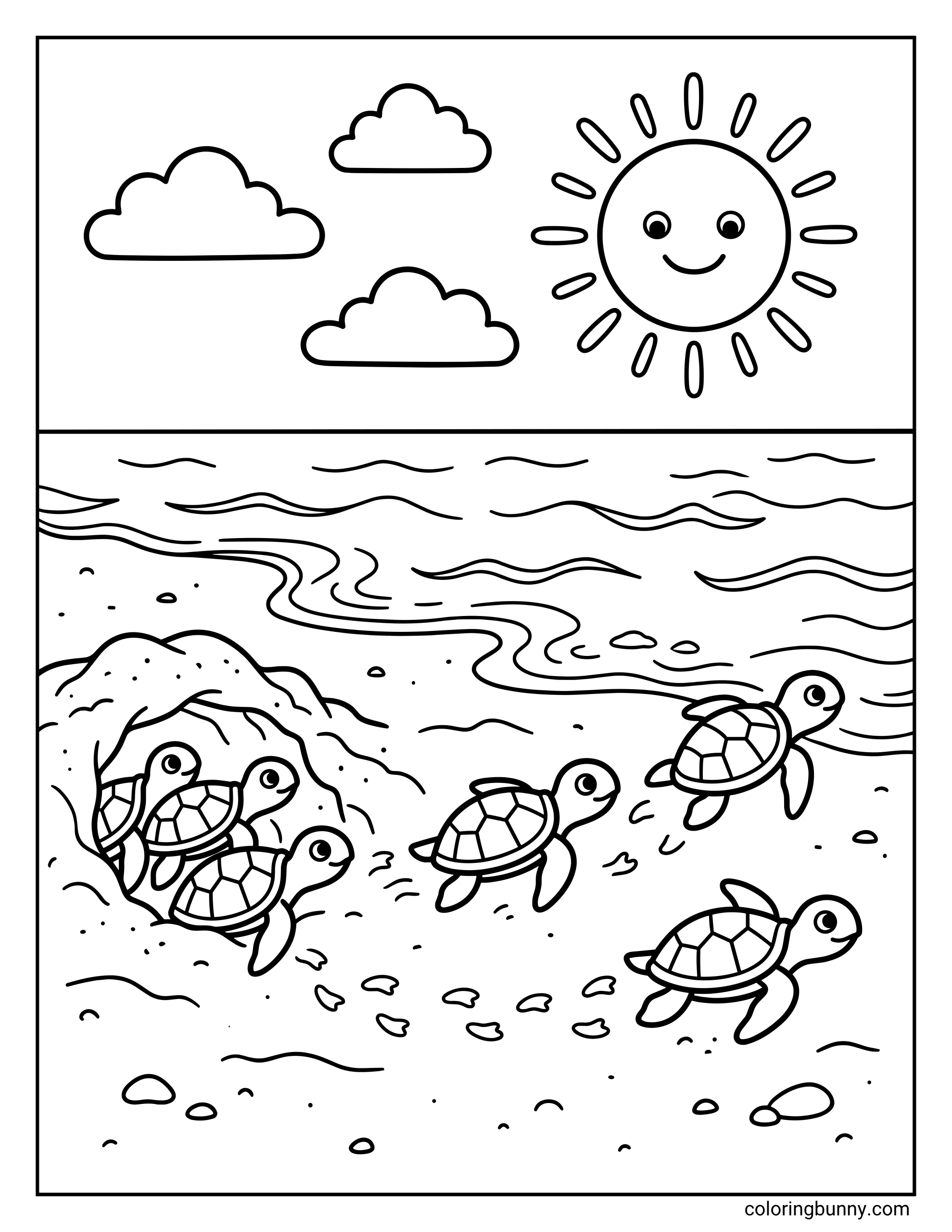 A cute coloring page of several baby turtles emerging from their sandy nest and crawling toward the ocean waves. The sunny beach scene features a smiling sun in the sky and three fluffy clouds overlooking the shoreline.