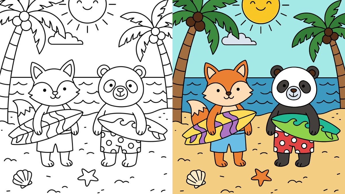 Beach Coloring Pages with a fox and panda holding surfboards with palm trees and a sun in the background