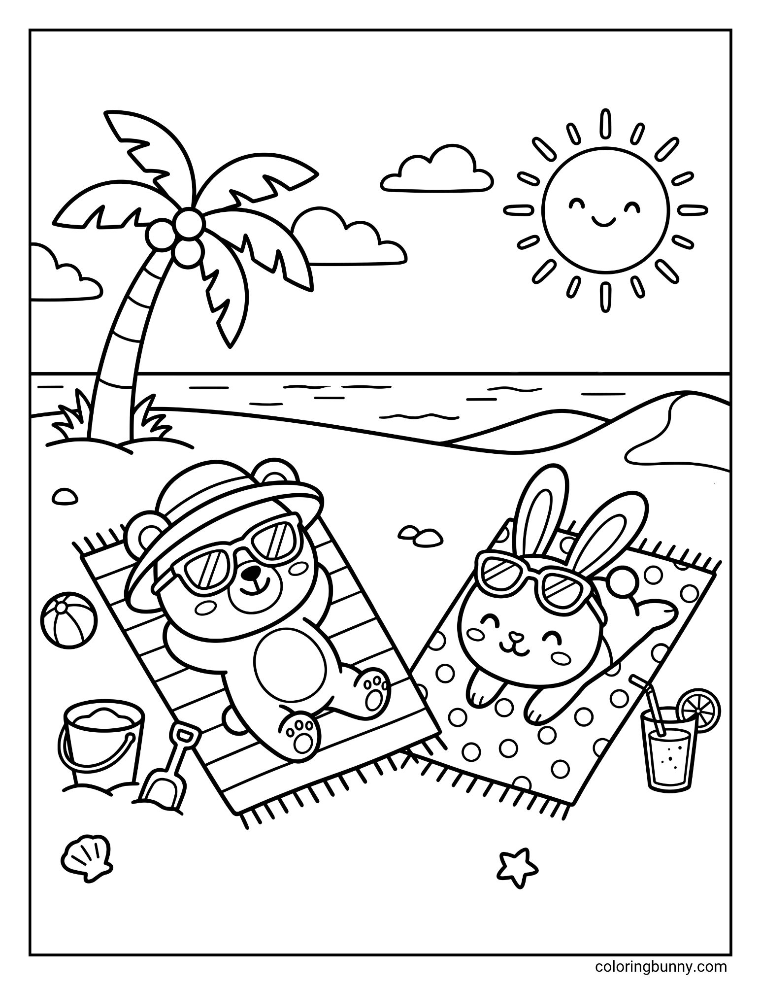 A cute summer coloring page showing a teddy bear and a bunny relaxing on patterned beach towels in the sand. Both friends wear sunglasses, with the bear in a floppy sunhat and the bunny smiling beside a tropical drink. A palm tree, ocean waves, clouds, a smiling sun, a beach ball, bucket, shovel, shell, and little starfish make this coloring sheet feel bright, cozy, and full of vacation fun.