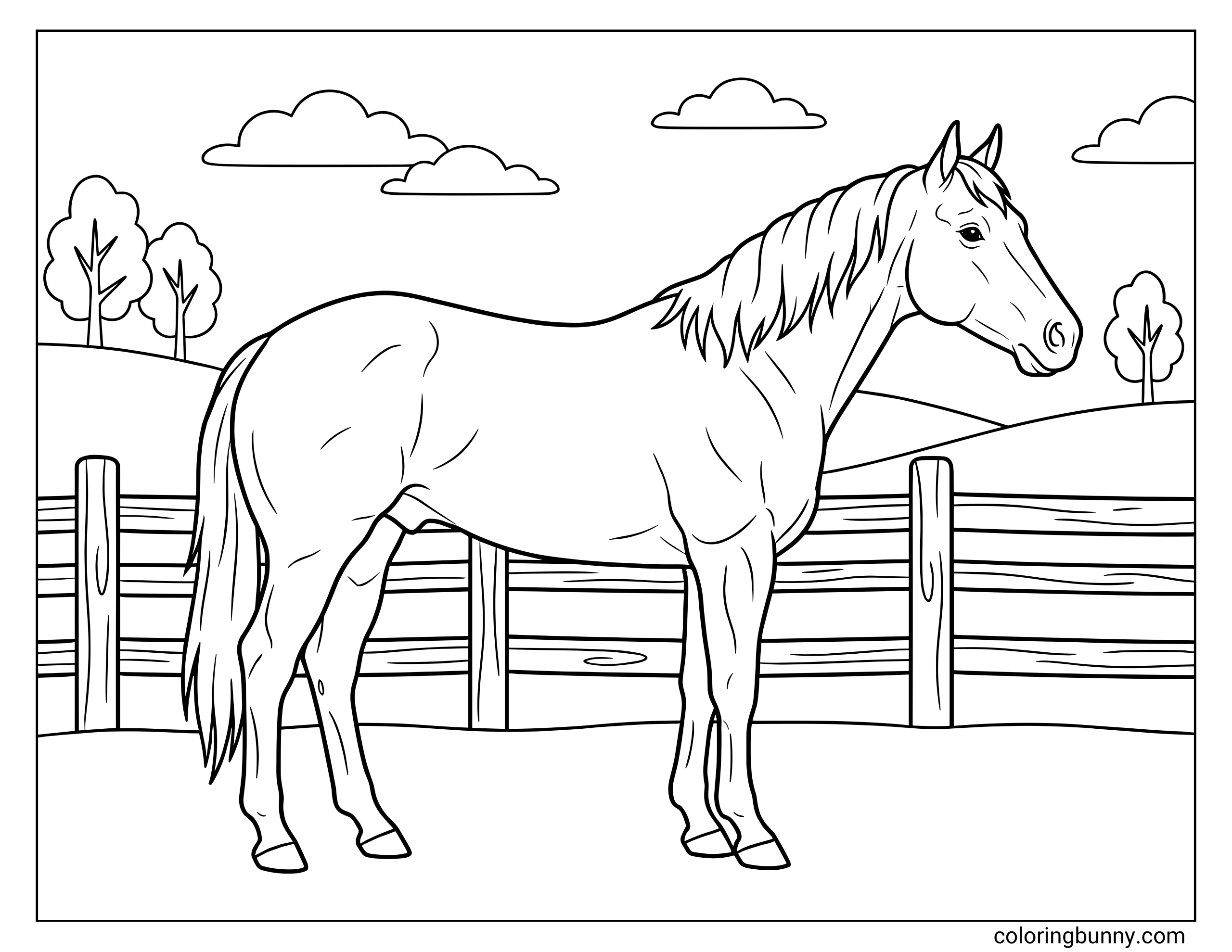 Horse coloring page showing a single horse standing in a field, with clean line art, fence details, grassy ground, trees, and a quiet outdoor setting.