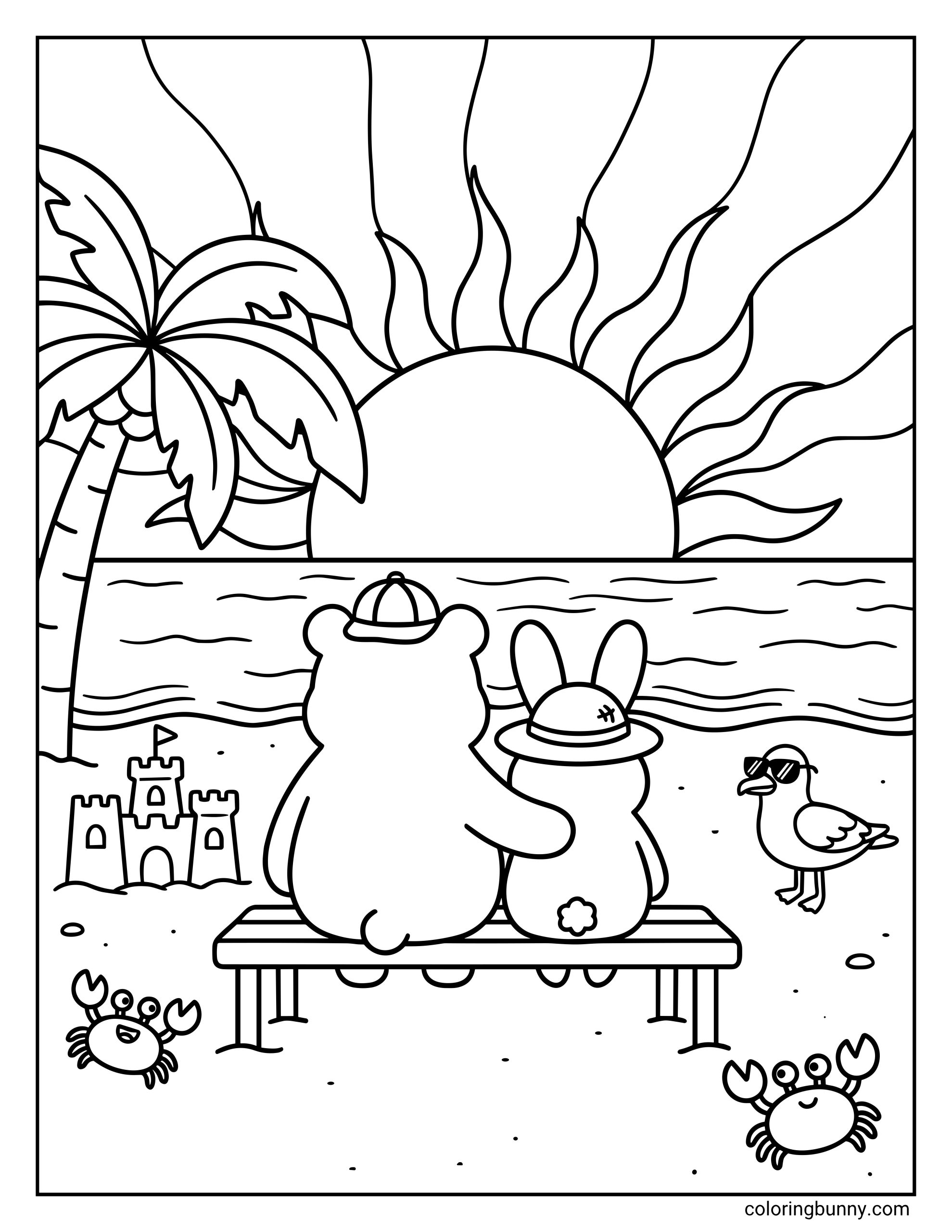 Beach summer coloring page featuring a bear and bunny sitting together on a wooden bench looking at a giant setting sun over the ocean with wavy sun rays while a cool seagull in sunglasses watches nearby next to a sandcastle a tall palm tree and two smiling crabs on the sand