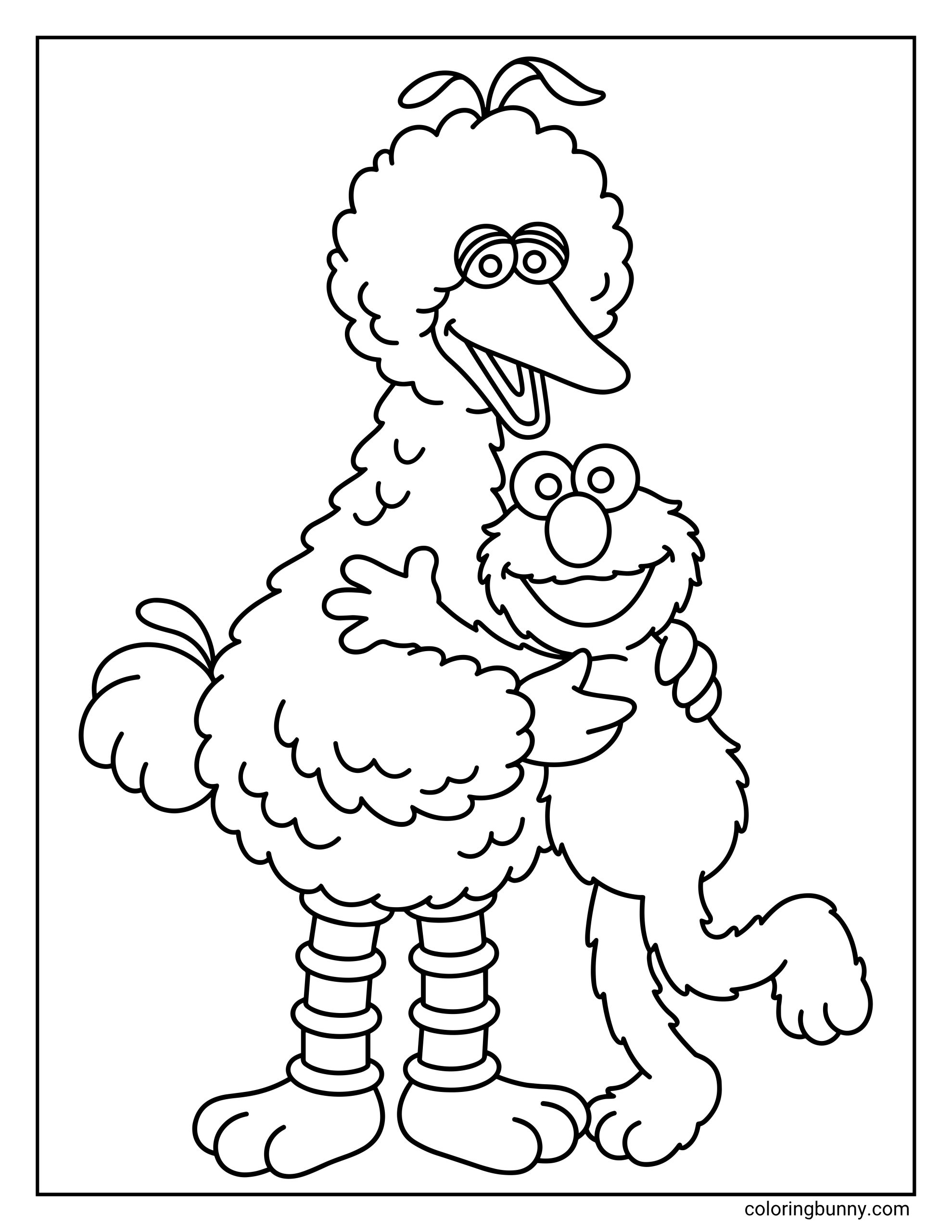 Big Bird and Elmo coloring page featuring the two best friends from Sesame Street sharing a warm hug. The line art shows Elmo with one foot popped back playfully while hugging the tall, fluffy bird.