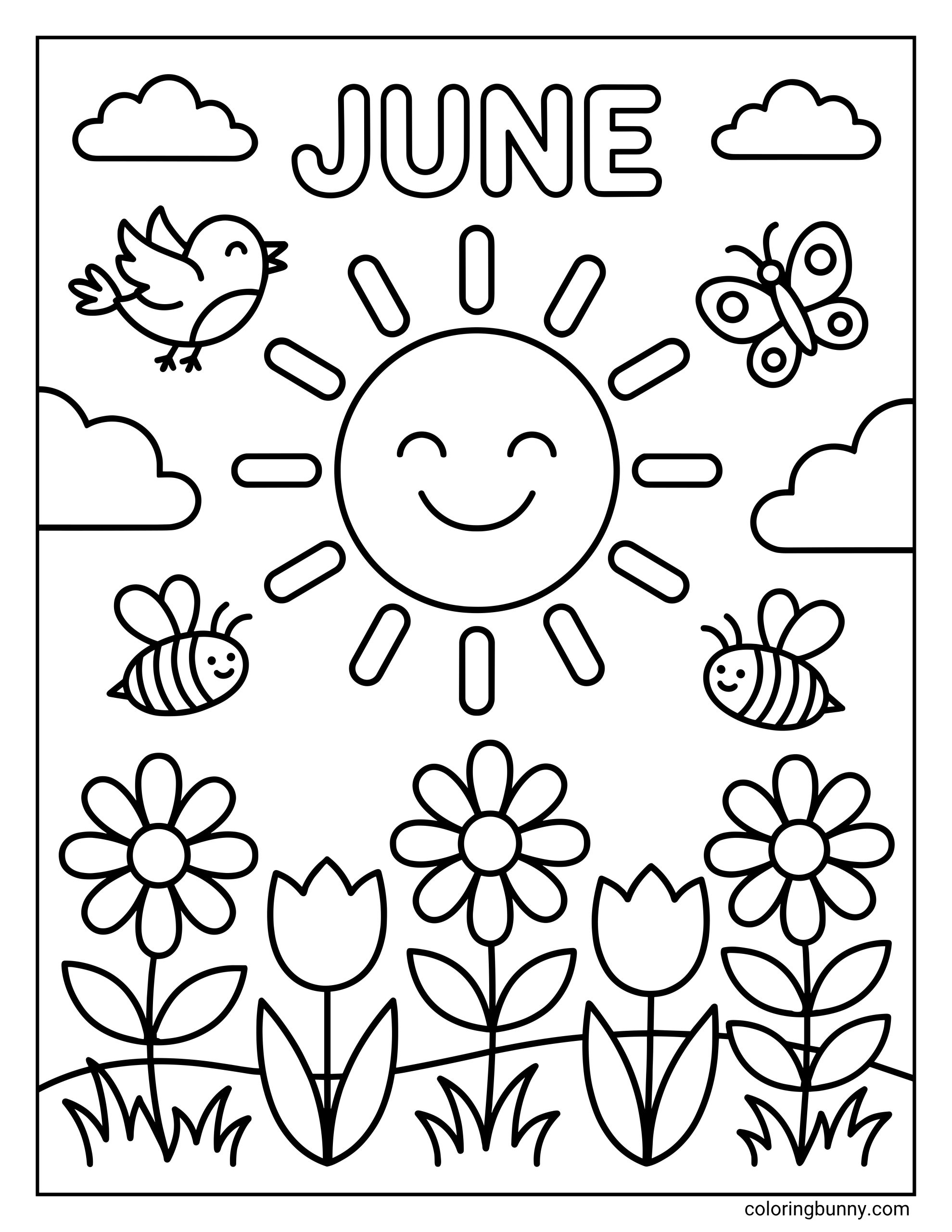 June coloring page with a large smiling sun as the centerpiece, the word “JUNE” above, clouds around the sky, a bird and butterfly near the top, two bees below, and several easy flowers across the bottom.