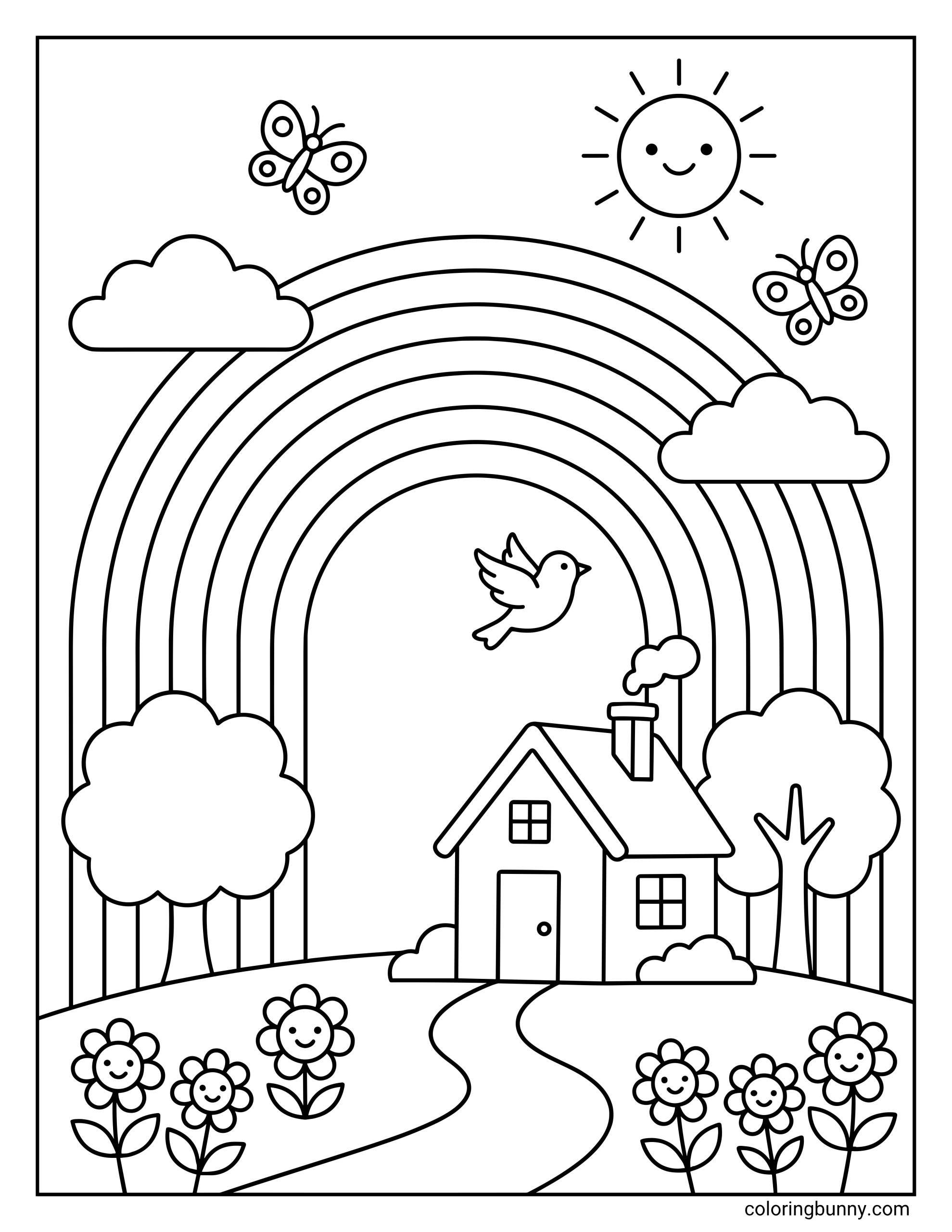 Rainbow coloring sheet featuring a cozy house beneath a wide rainbow, with trees, butterflies, clouds, a bird, a winding path, happy flowers, and a smiling sun.