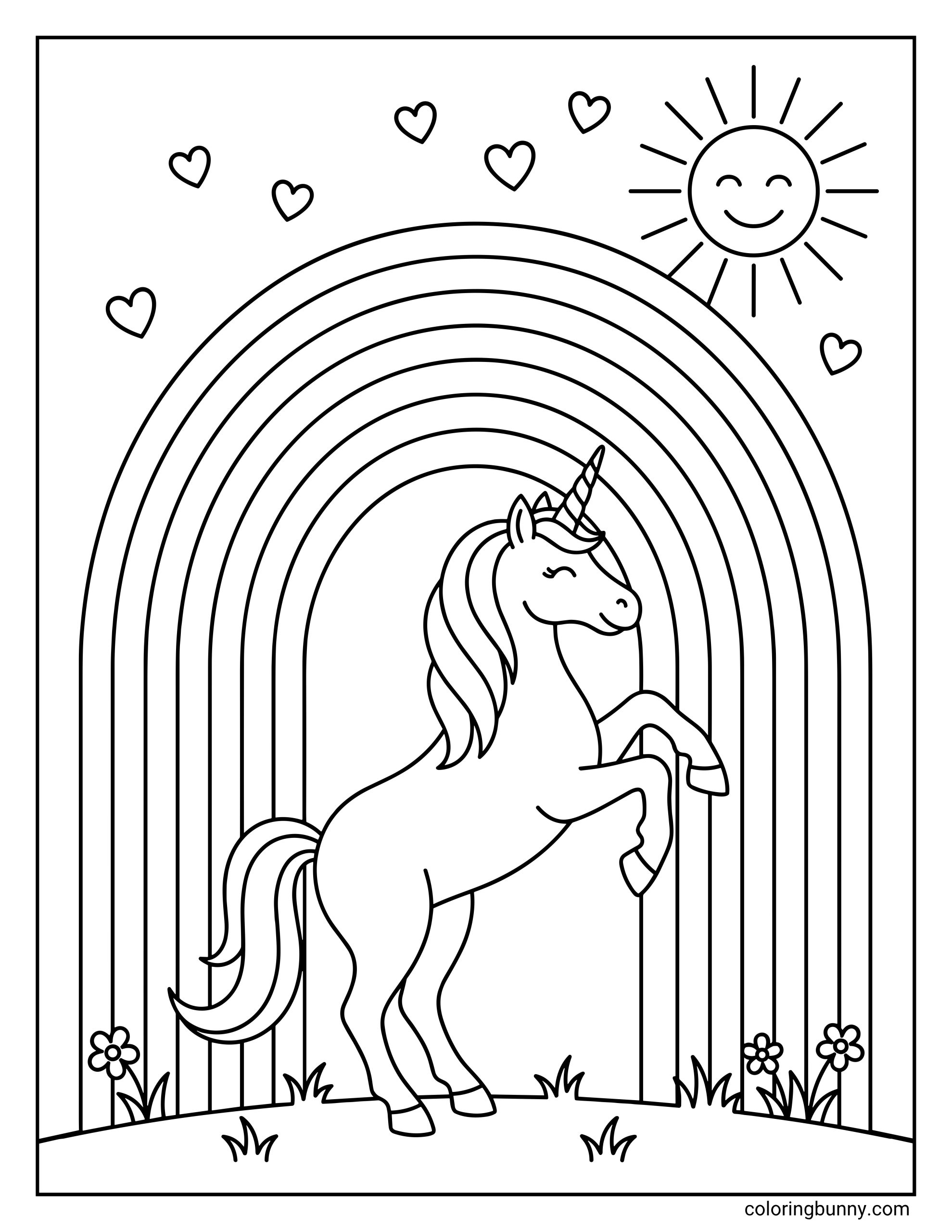 A Rainbow coloring page of a unicorn with a horn, long mane, raised front legs, and flowing tail, standing beneath a large rainbow with hearts, flowers, grass, and a happy sun.