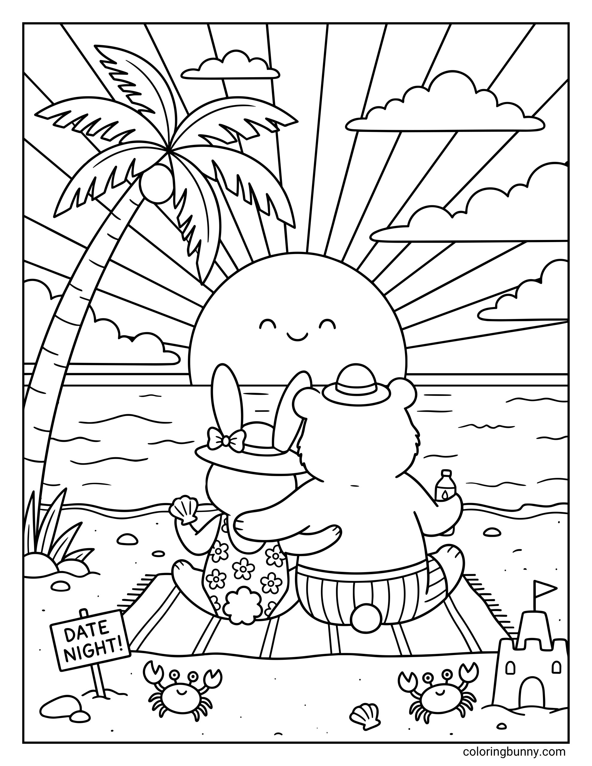 Sunset beach date night coloring page featuring a cute bunny and bear sitting together on a striped blanket. They are watching a beautiful, giant smiling sun set over the ocean waves, surrounded by a palm tree, friendly crabs, and a detailed sandcastle.