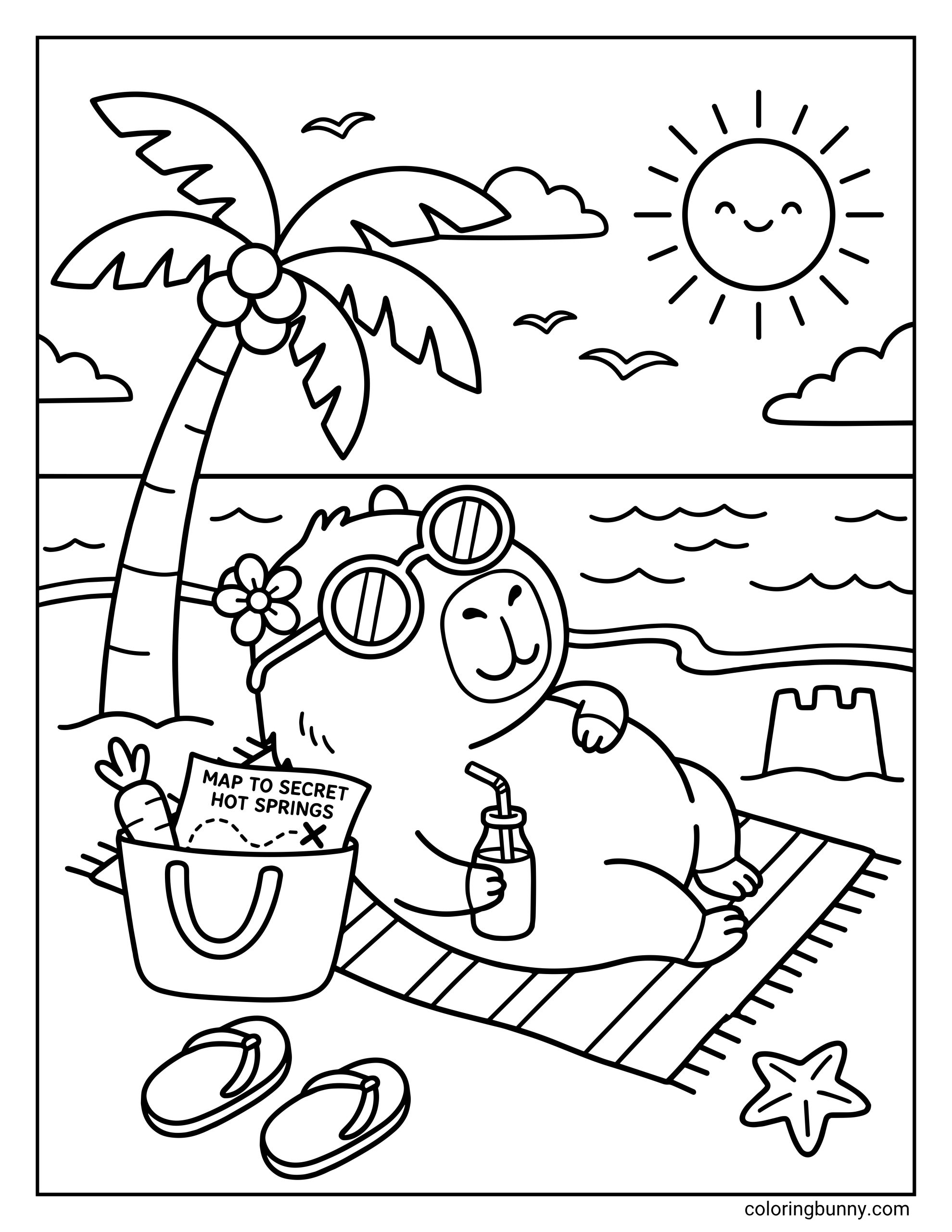 Capybara beach coloring page featuring a relaxed capybara lying on a striped beach towel by the ocean. The capybara wears round sunglasses and a flower by one ear, holds a drink, and lounges beside a beach bag with a map labeled “Map to Secret Hot Springs,” plus a carrot peeking out. A palm tree, flip-flops, sandcastle, starfish, birds, clouds, and a smiling sun complete the sunny beach scene.