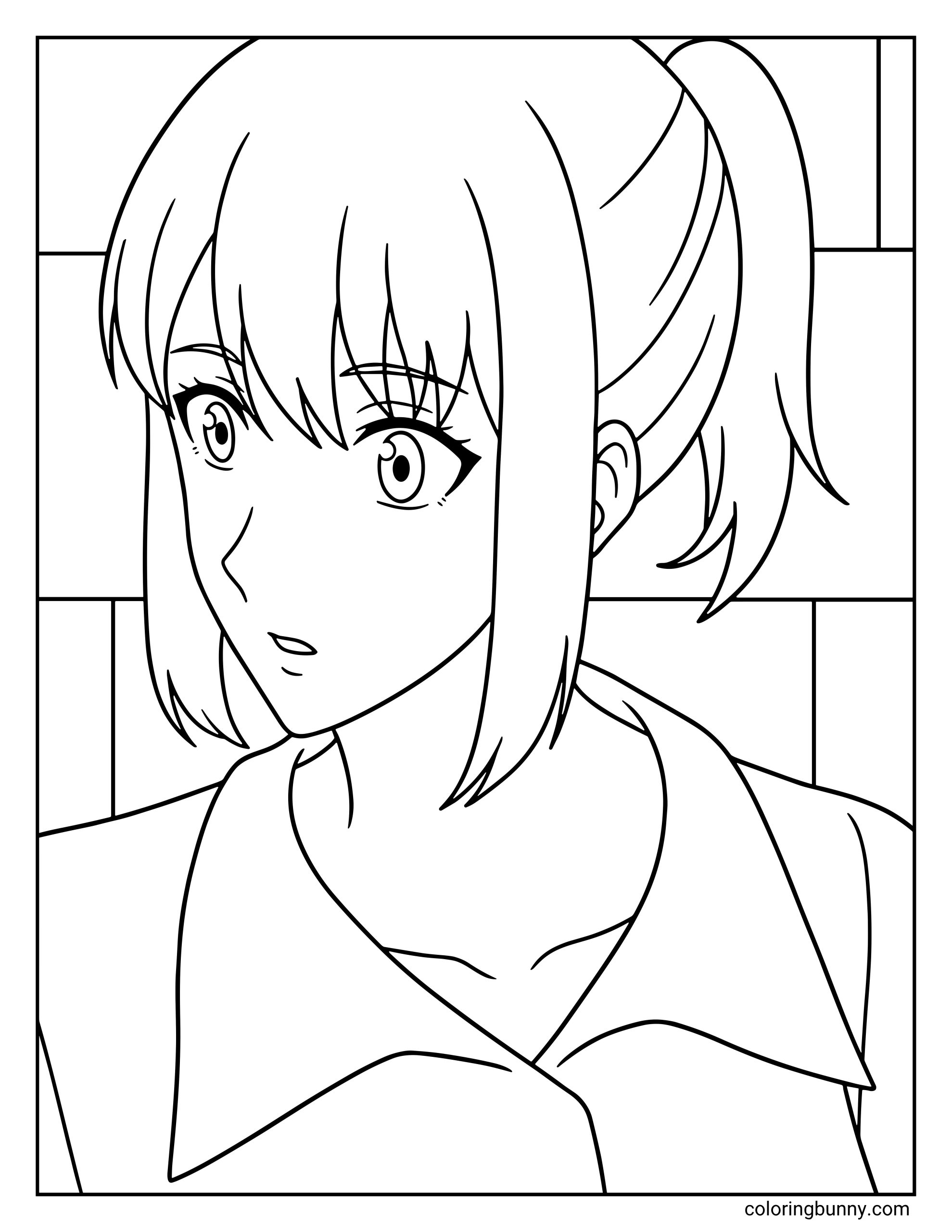 A coloring page of Cha Hae-In from the Solo Leveling anime, showcasing her curious expression and her hair tied back in a neat ponytail. This design features a profile view of the S-Rank hunter against a simple, paneled background.