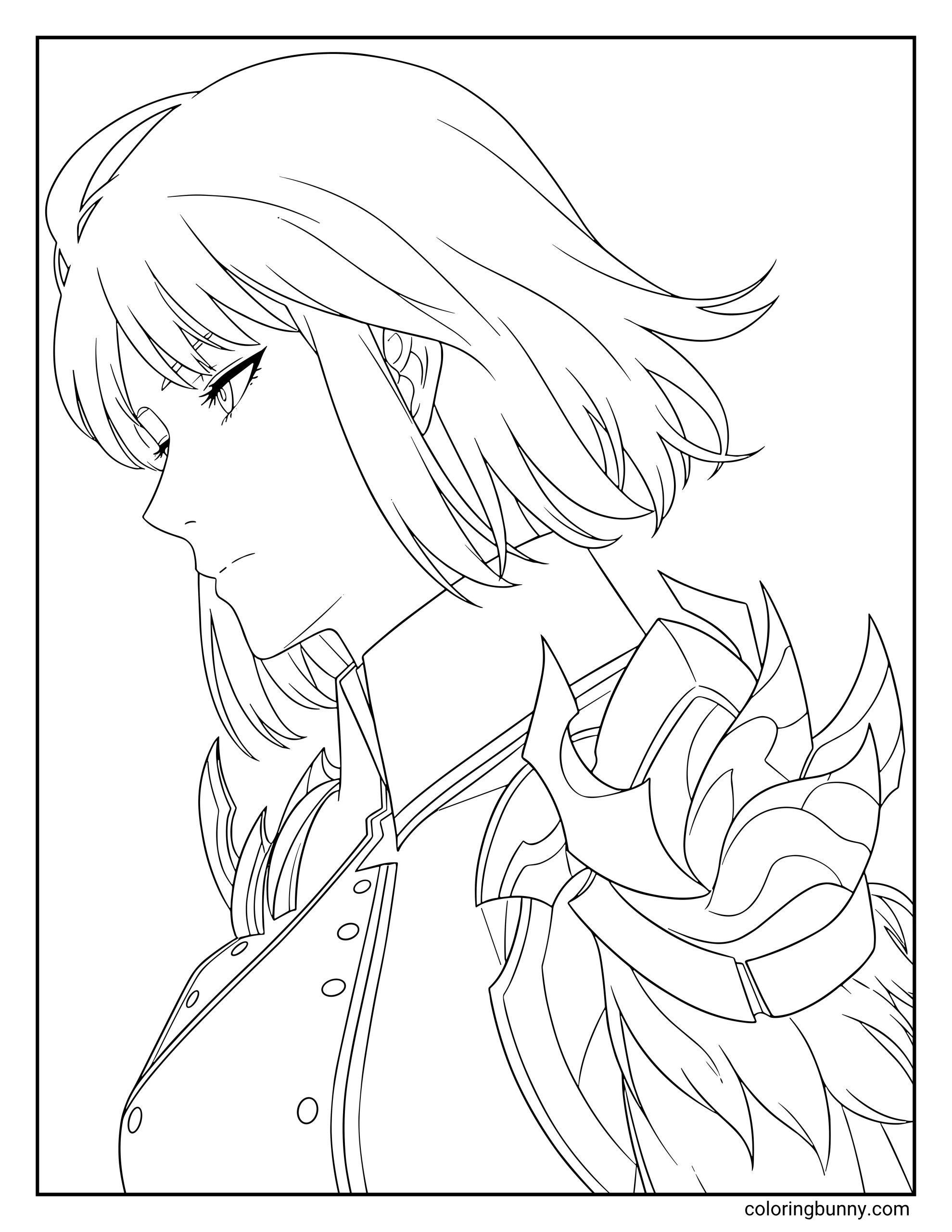 A coloring page of Cha Hae-In from Solo Leveling, featuring a graceful side profile of the S-Rank hunter in her detailed raid armor. This design highlights her sharp gaze and short, layered hair.