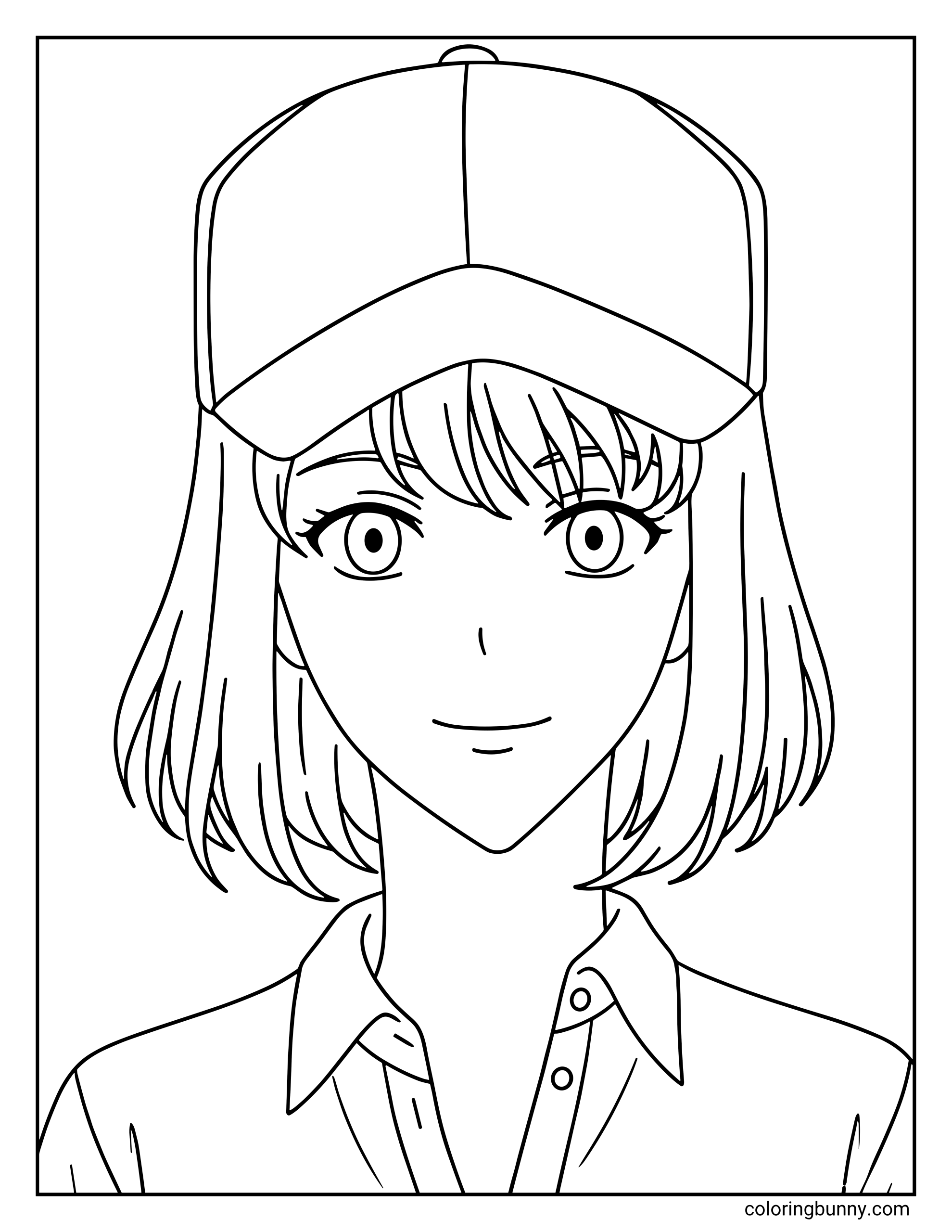 A simple coloring page of Cha Hae-In wearing a cap from Solo Leveling, showing the S-Rank hunter in a casual, undercover look.