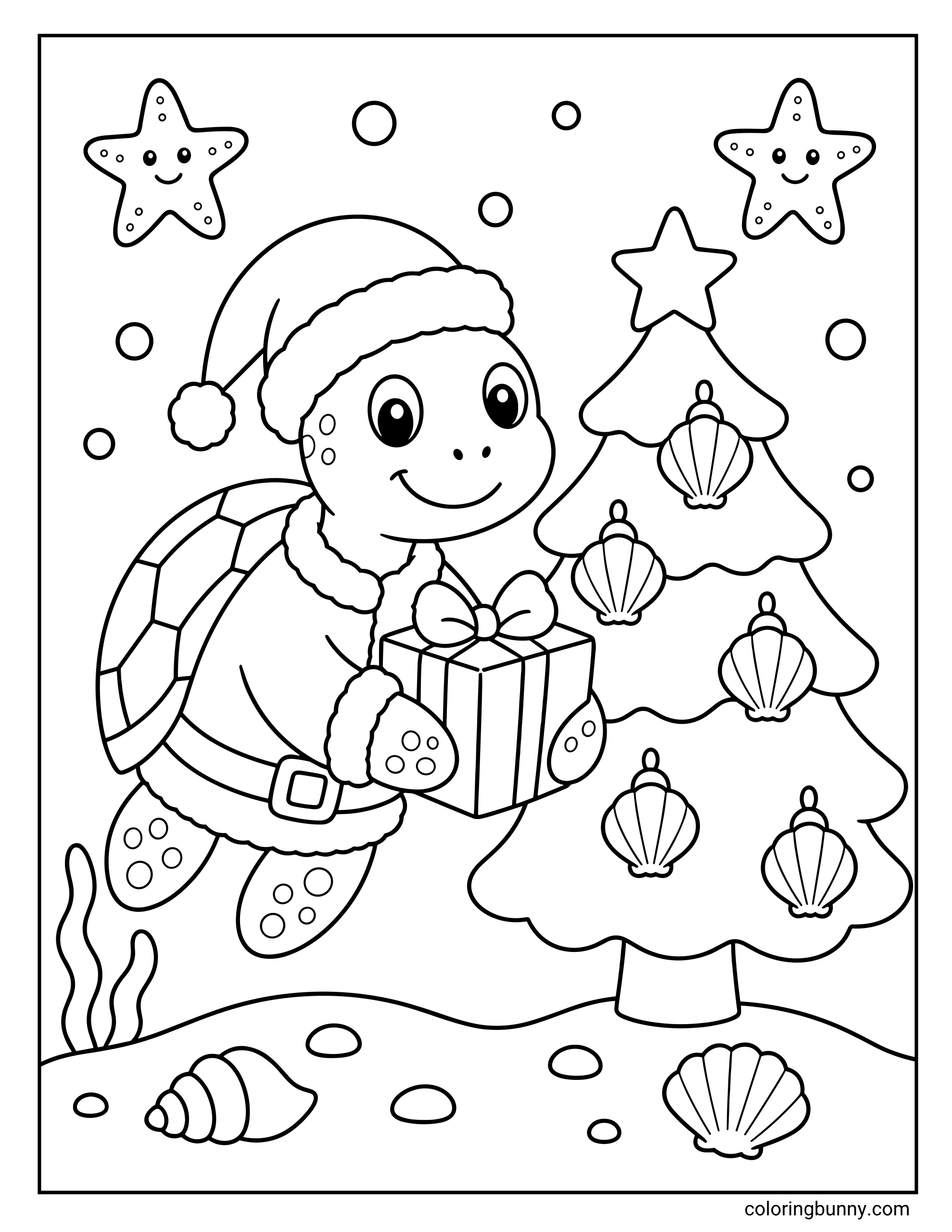 A Christmas coloring page of a cheerful turtle dressed as Santa Claus delivering a gift underwater. The scene includes a Christmas tree decorated with seashells, two smiling starfishes, and various bubbles and shells on the ocean floor.