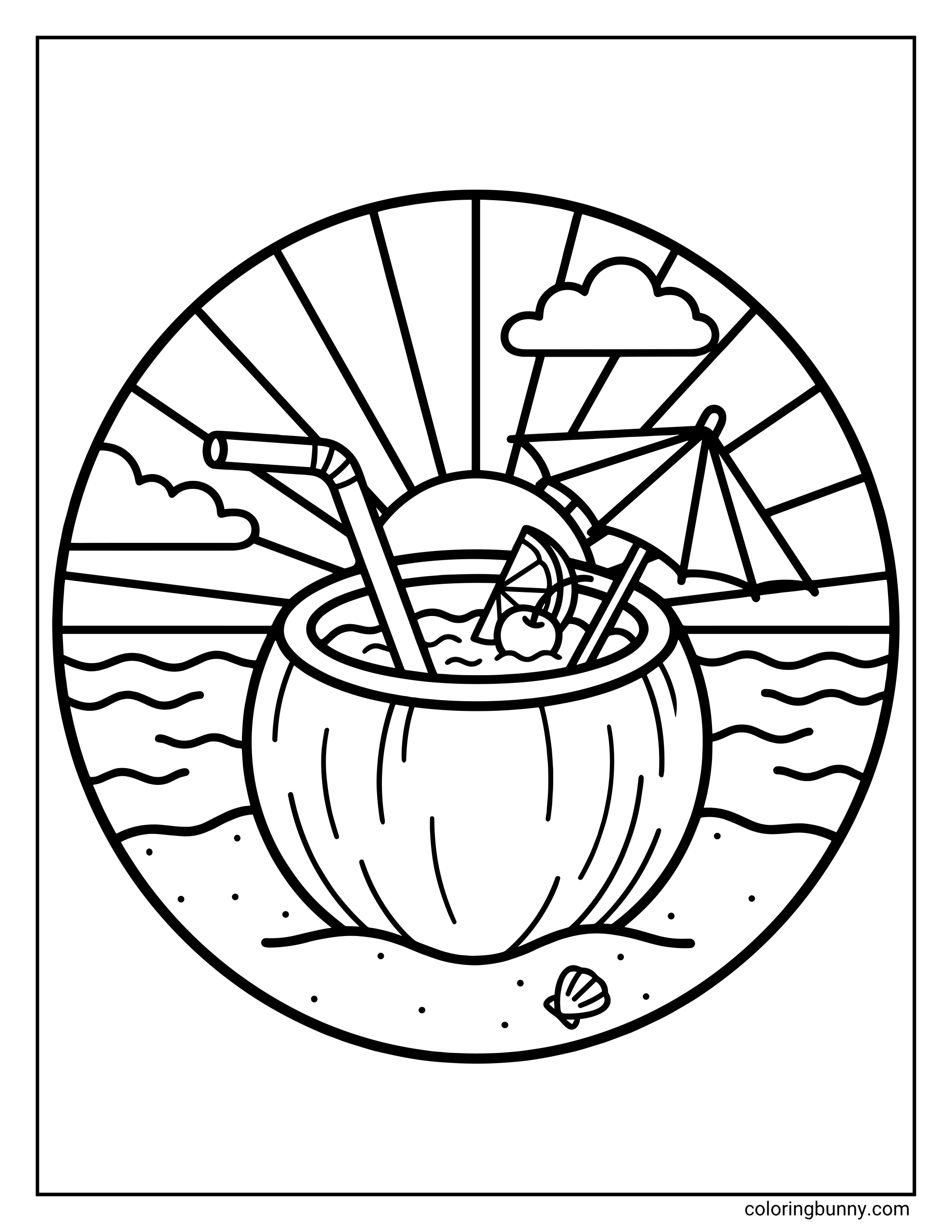 Summer coloring page featuring a seaside scene enclosed in a circle showing a large coconut shell drink with a straw umbrella fruit slice and cherry resting on the sand next to a small seashell with ocean waves and a setting sun with radiating rays in the background