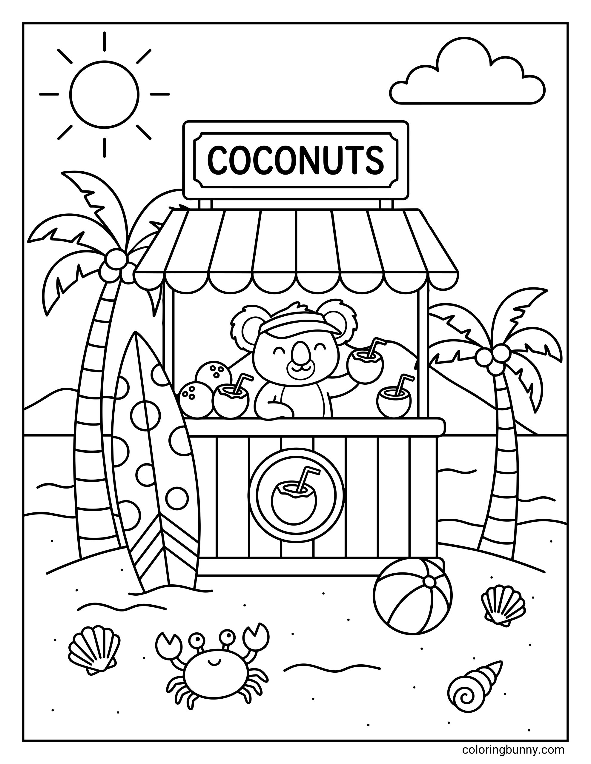 A cute beach coloring page showing a happy koala running a little beach stall that sells coconut drinks. The stand has a striped awning and a big sign that says “COCONUTS.” The koala wears a visor and holds up a coconut drink with a straw, while more coconuts sit on the counter. Around the scene are palm trees, a surfboard, ocean waves, a beach ball, seashells, and a smiling crab