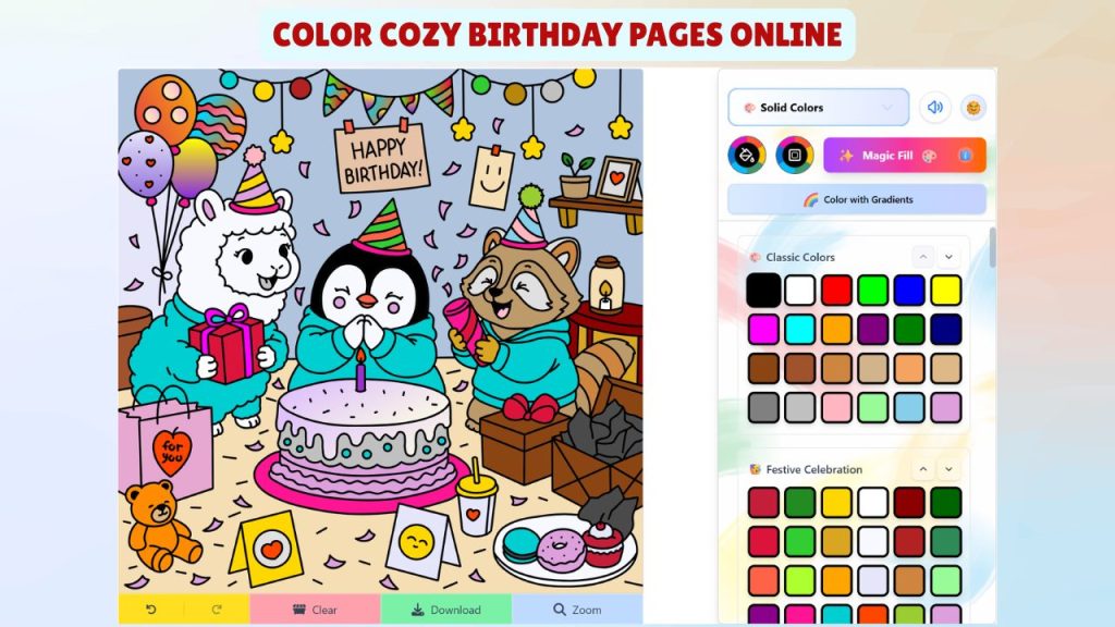 Color Cozy Birthday Pages Online featuring cozy animal friends partying with a cake and presents