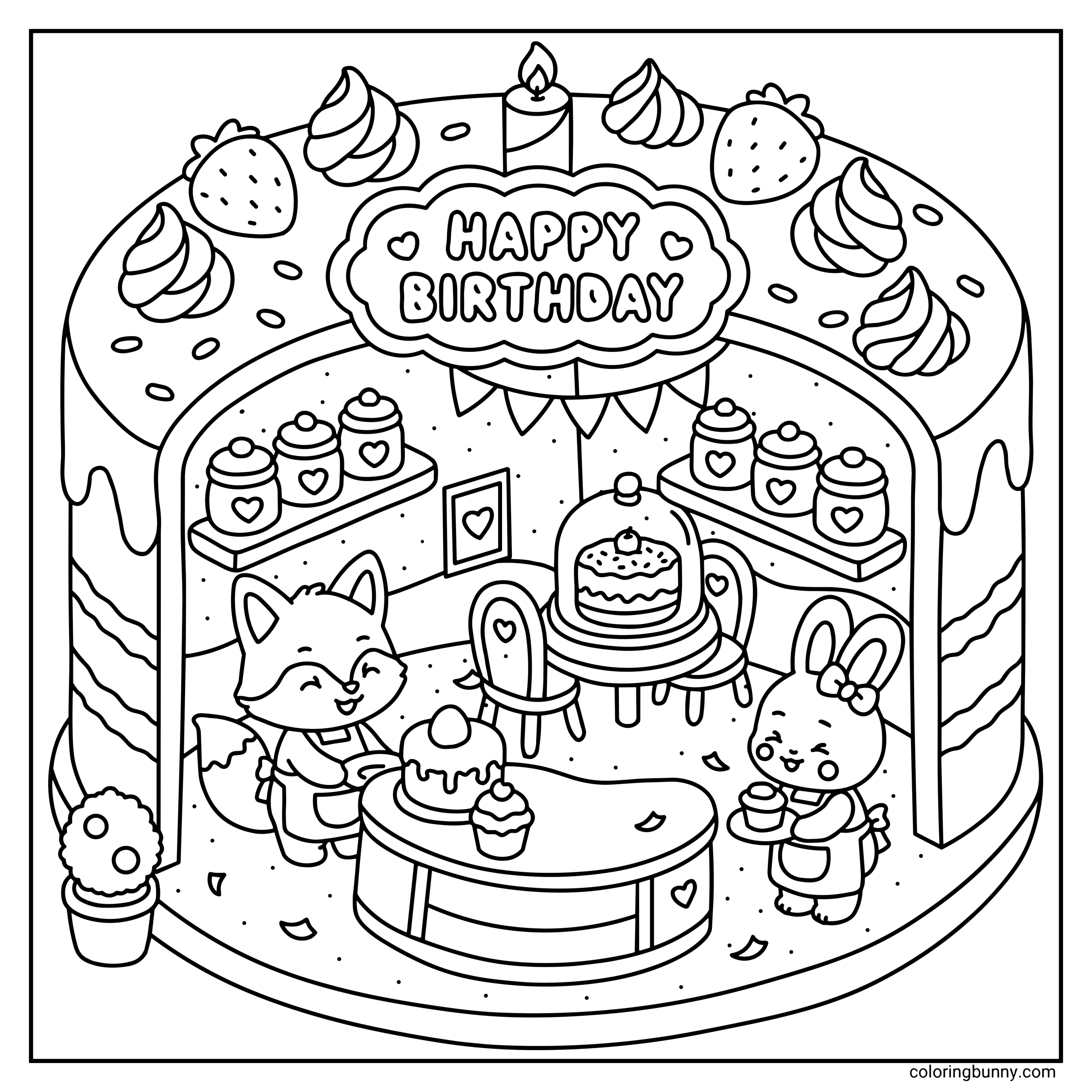 A hand-drawn cozy coloring page of a whimsical birthday cake bakery hidden inside a giant layered cake, featuring a smiling fox, a cheerful bunny carrying a cupcake, shelves of sweet treats, strawberries, frosting swirls, candles, and a large “Happy Birthday” sign above the cozy scene.