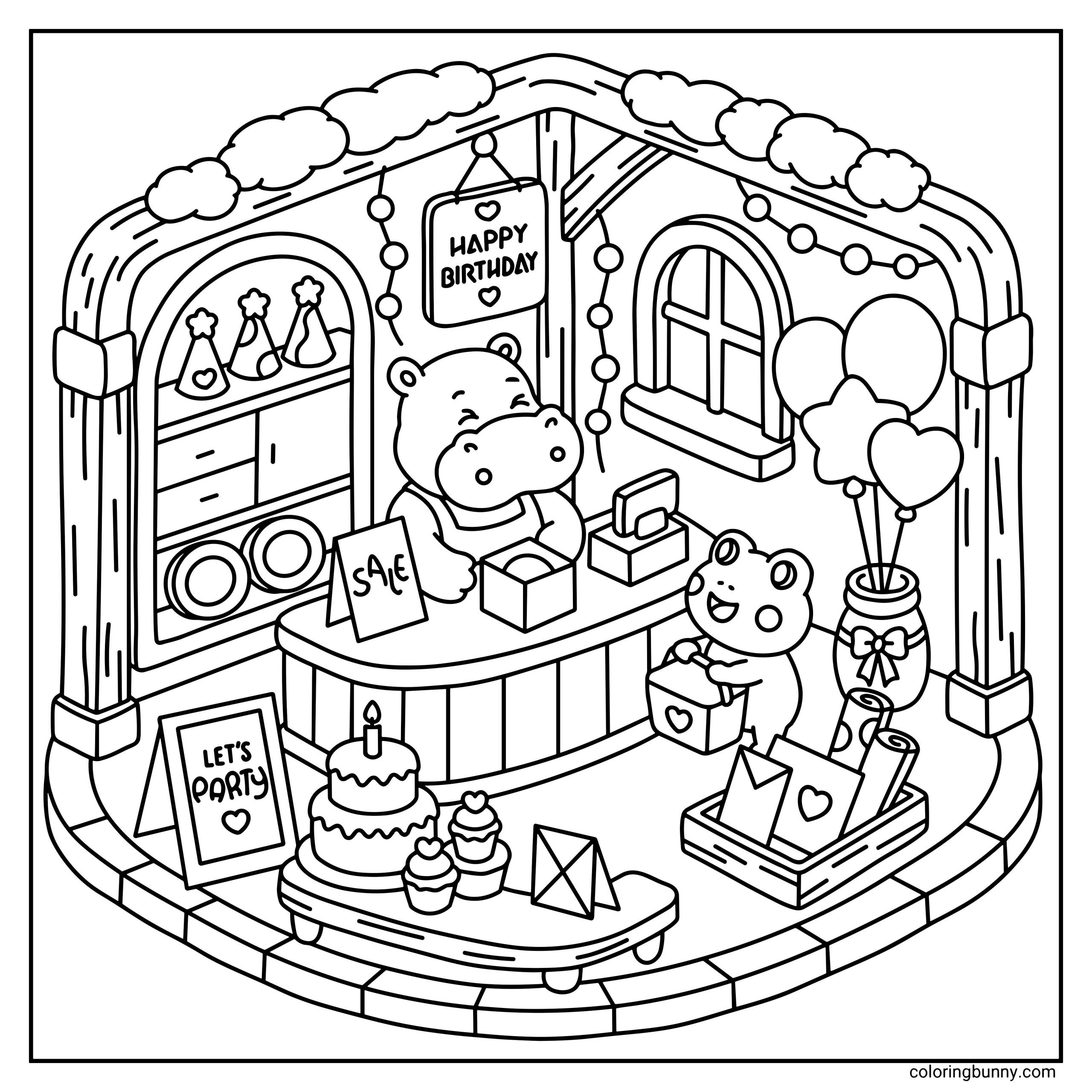 A hand-drawn cozy isometric coloring page of a birthday corner party shop featuring a hippo behind a checkout counter and a cute little frog holding a gift bag, surrounded by balloons, party hats, a tiered cake, and festive decorations.