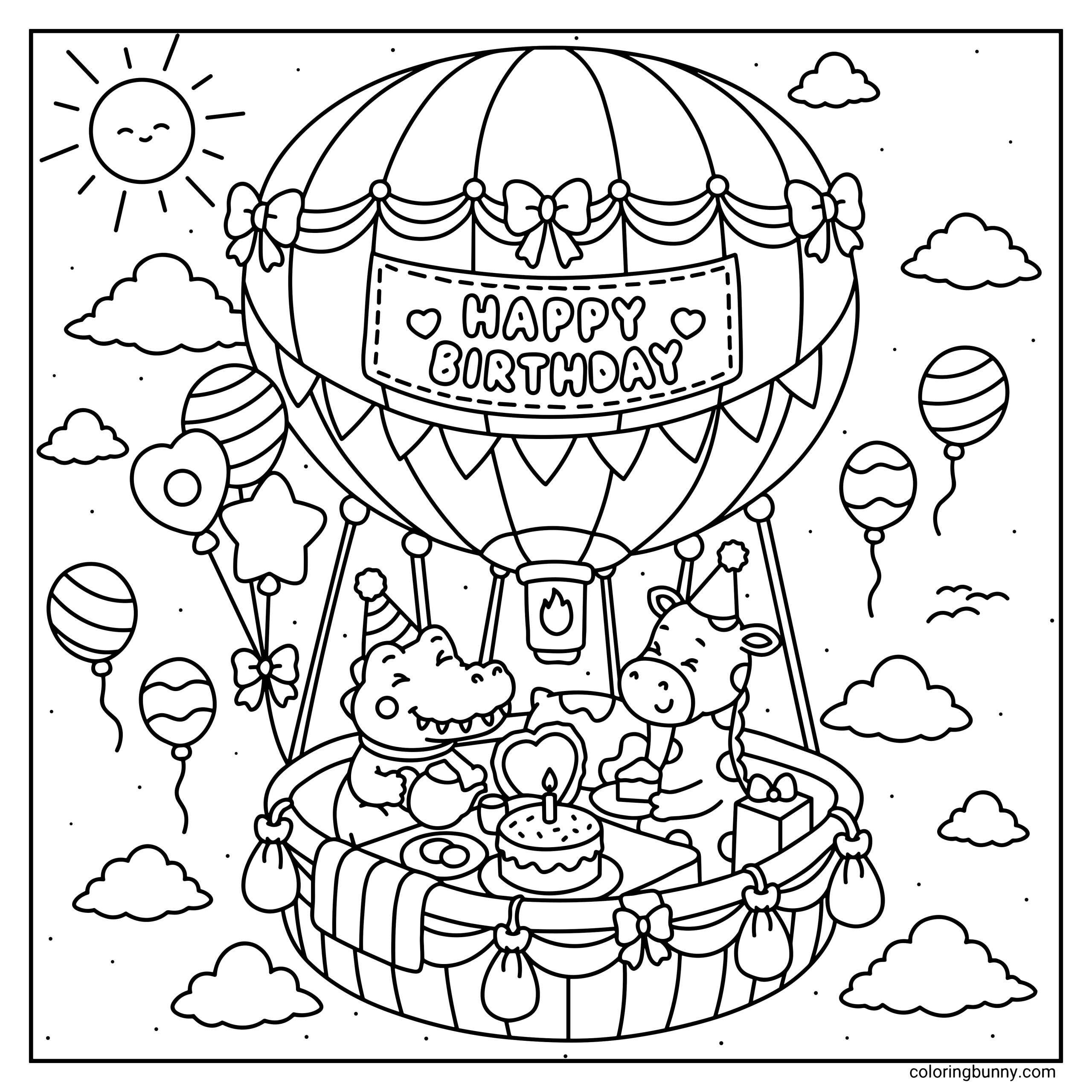 A hand-drawn cozy coloring page of a birthday hot air balloon floating in the sky, featuring a cute alligator and a little giraffe wearing party hats inside the basket, celebrating with a birthday cake, floating balloons, fluffy clouds, and a smiling sun.