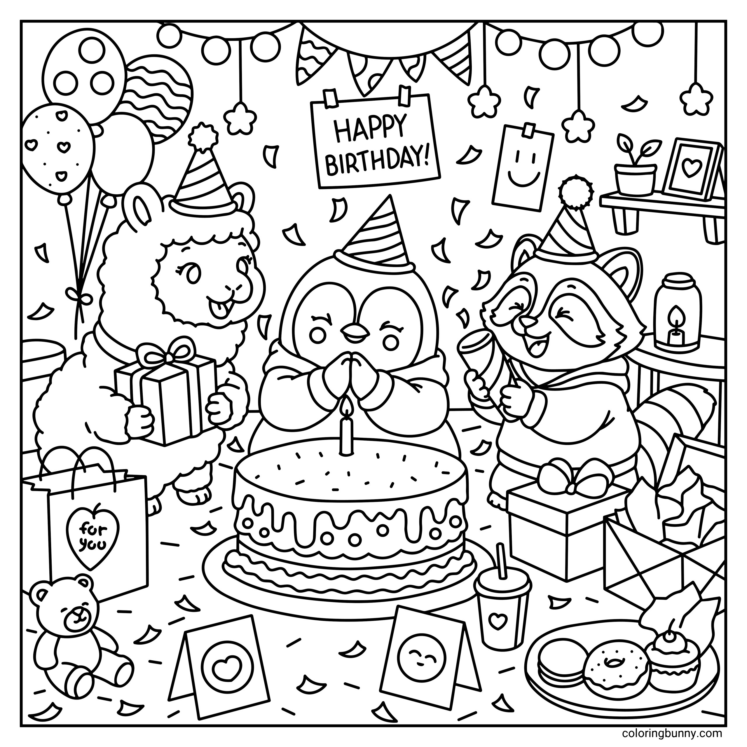 A hand-drawn cozy coloring page of a birthday party featuring a llama holding a gift, a penguin making a wish over a large birthday cake, and a raccoon with a party popper, all surrounded by falling confetti, balloons, hanging banners, and a "Happy Birthday!" sign.