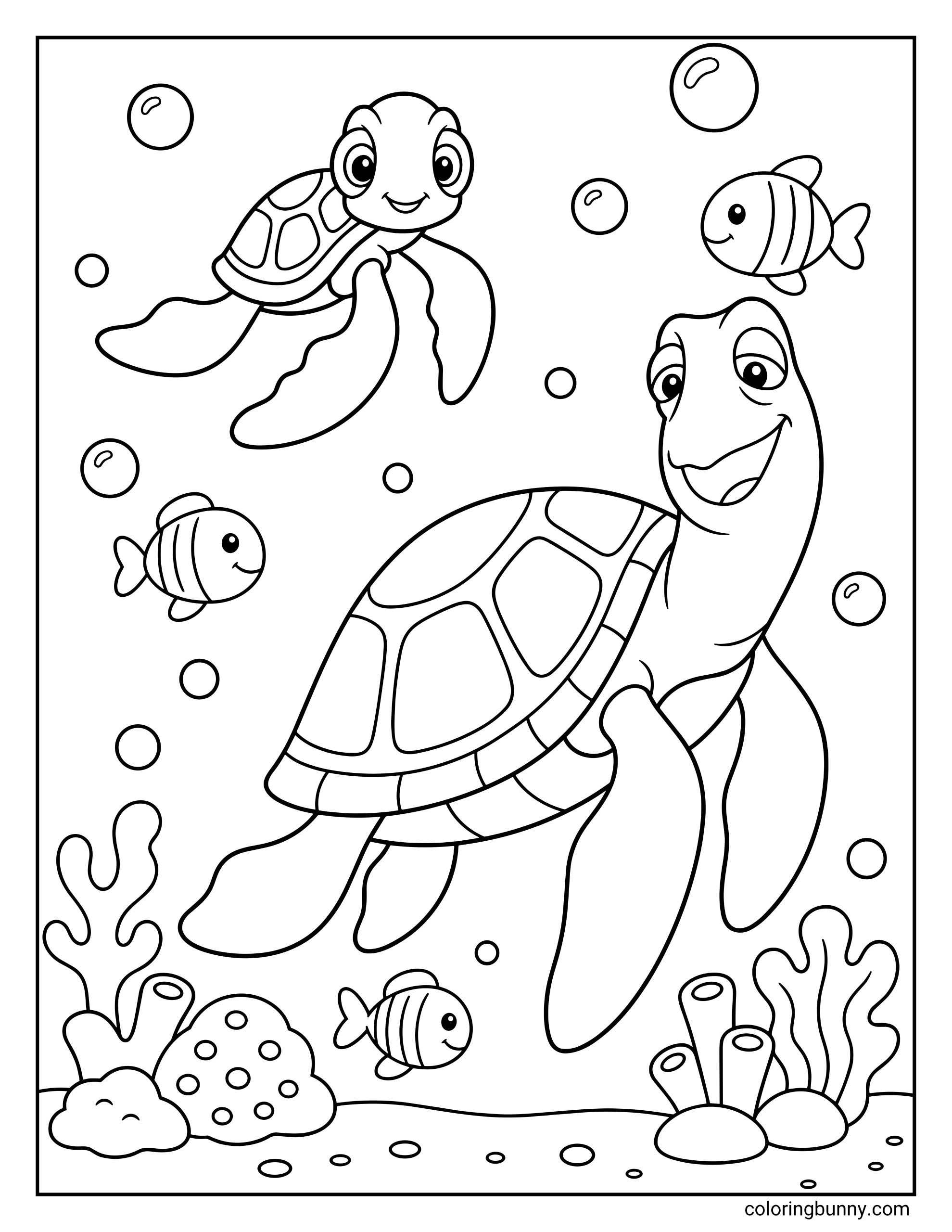 A Finding Nemo coloring page of two sea turtles, Crush and Squirt, one large and one small, swimming together through a bubbly underwater scene. The design includes three small, striped fish and a vibrant ocean floor decorated with coral, sea sponges, and pebbles.