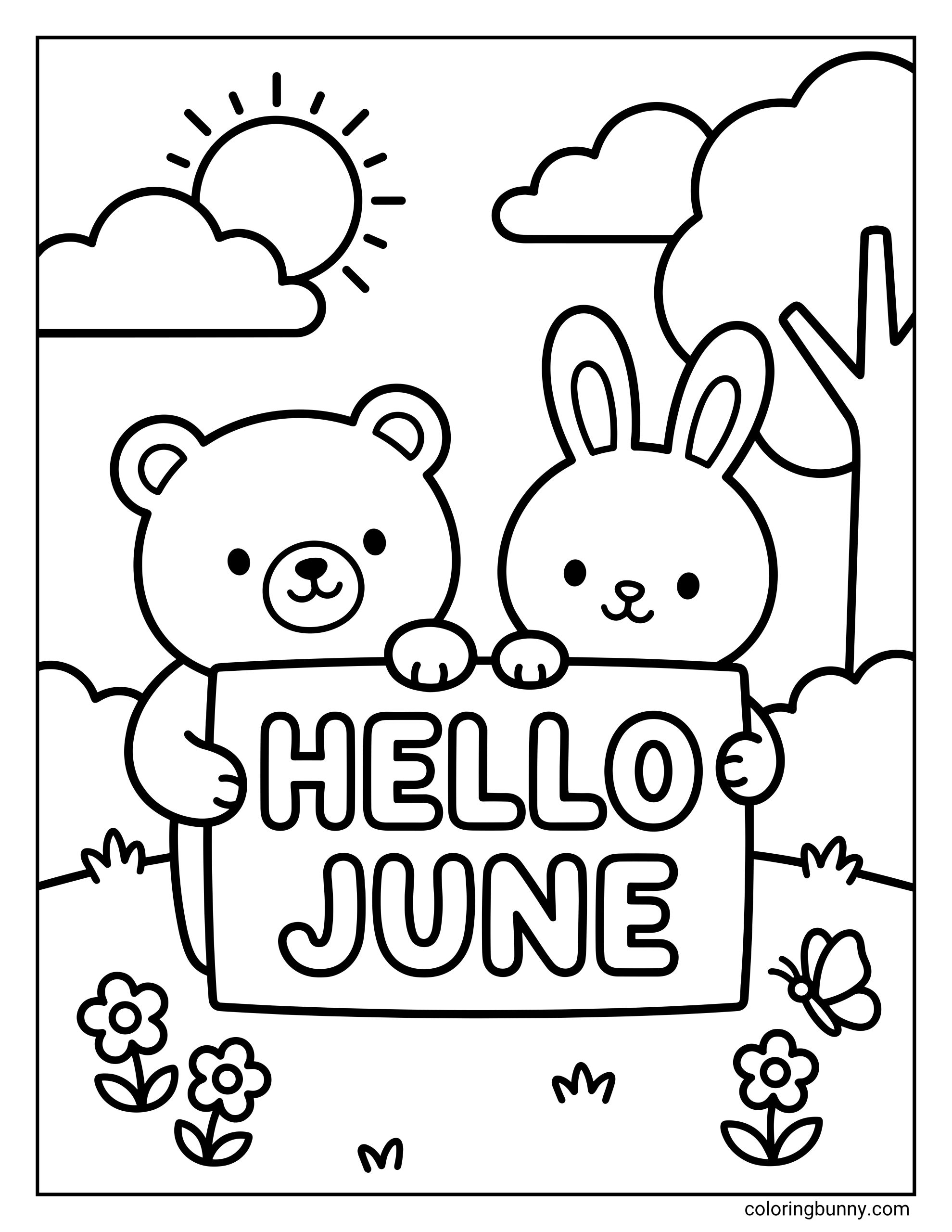Cute June coloring page showing a bear and bunny holding a large sign with bubble letters spelling “HELLO JUNE.” The scene includes a sunny sky, clouds, a tree, flowers, grass, and a small butterfly.