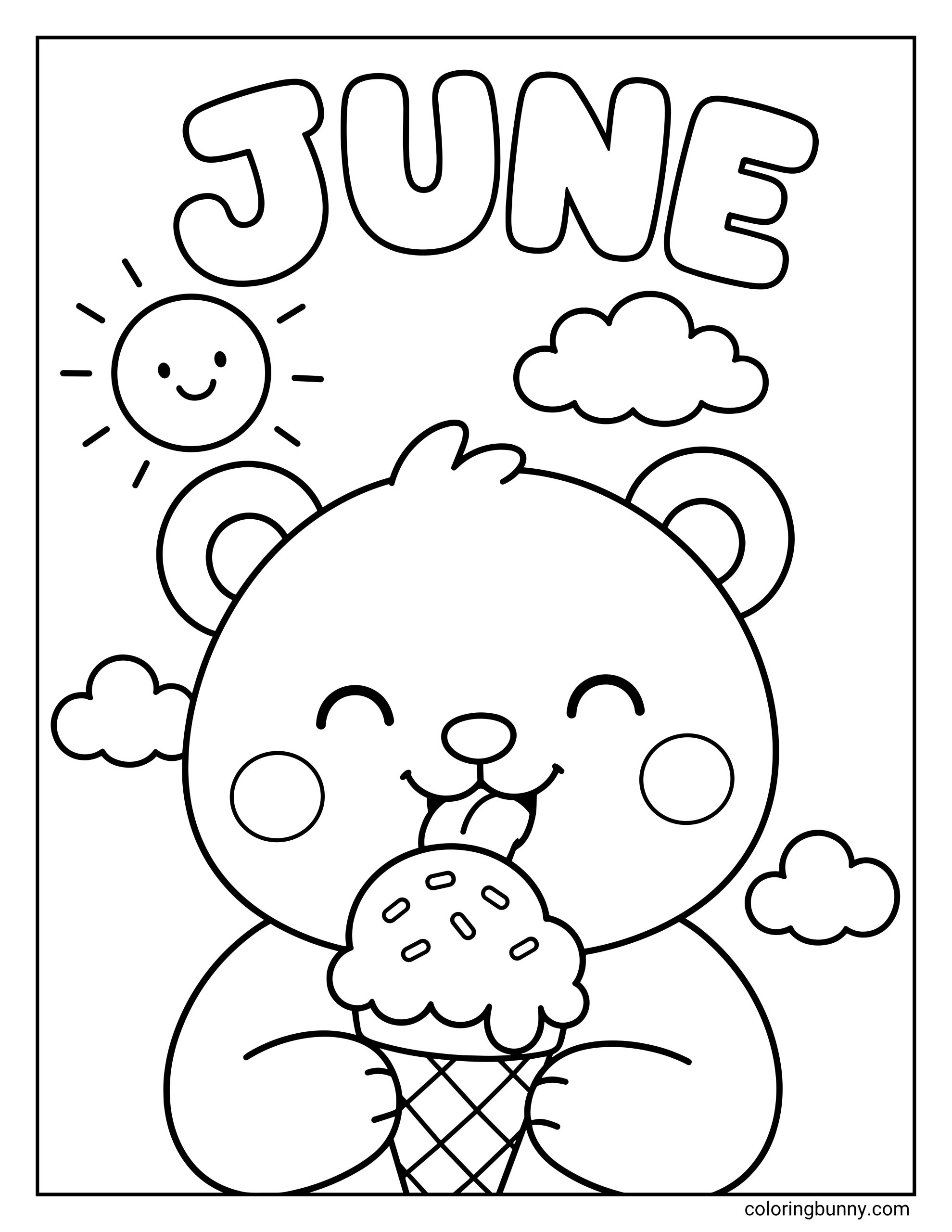 June coloring page showing a cheerful bear holding a waffle cone topped with sprinkled ice cream. The word “JUNE” appears in big outlined letters at the top, with a smiling sun and soft clouds around the bear.