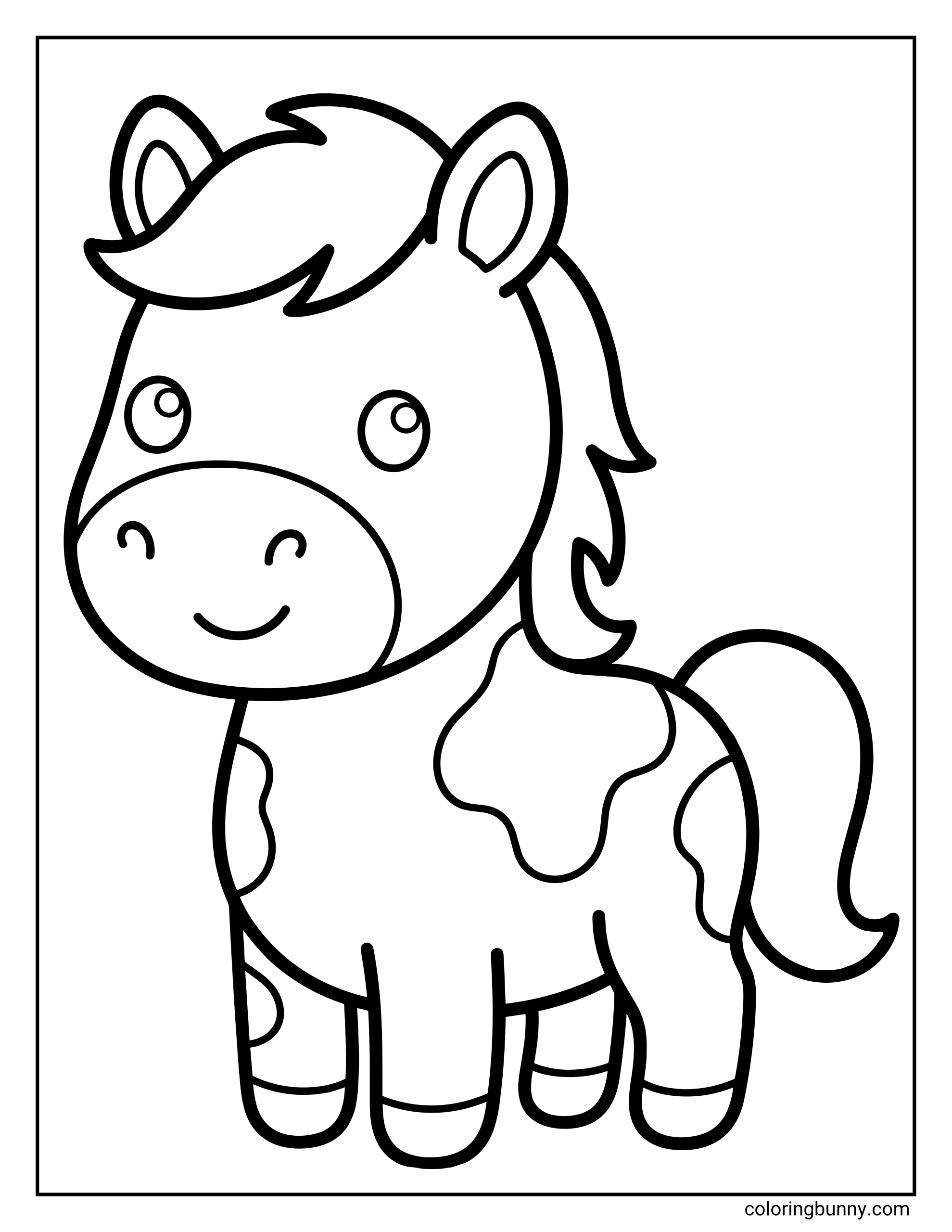 Easy horse coloring page for toddlers a cute chibi horse with big round eyes, a smiling face, short legs, patch markings, and bold simple outlines for kids.