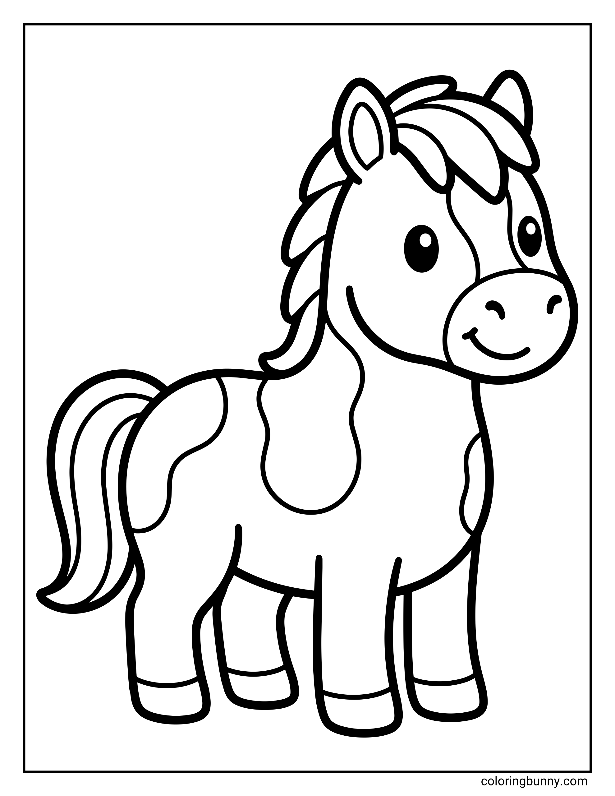 Cute kids coloring page of a small pony with a cheerful face, fluffy mane, short tail, and simple body shapes, perfect for easy and fun coloring.