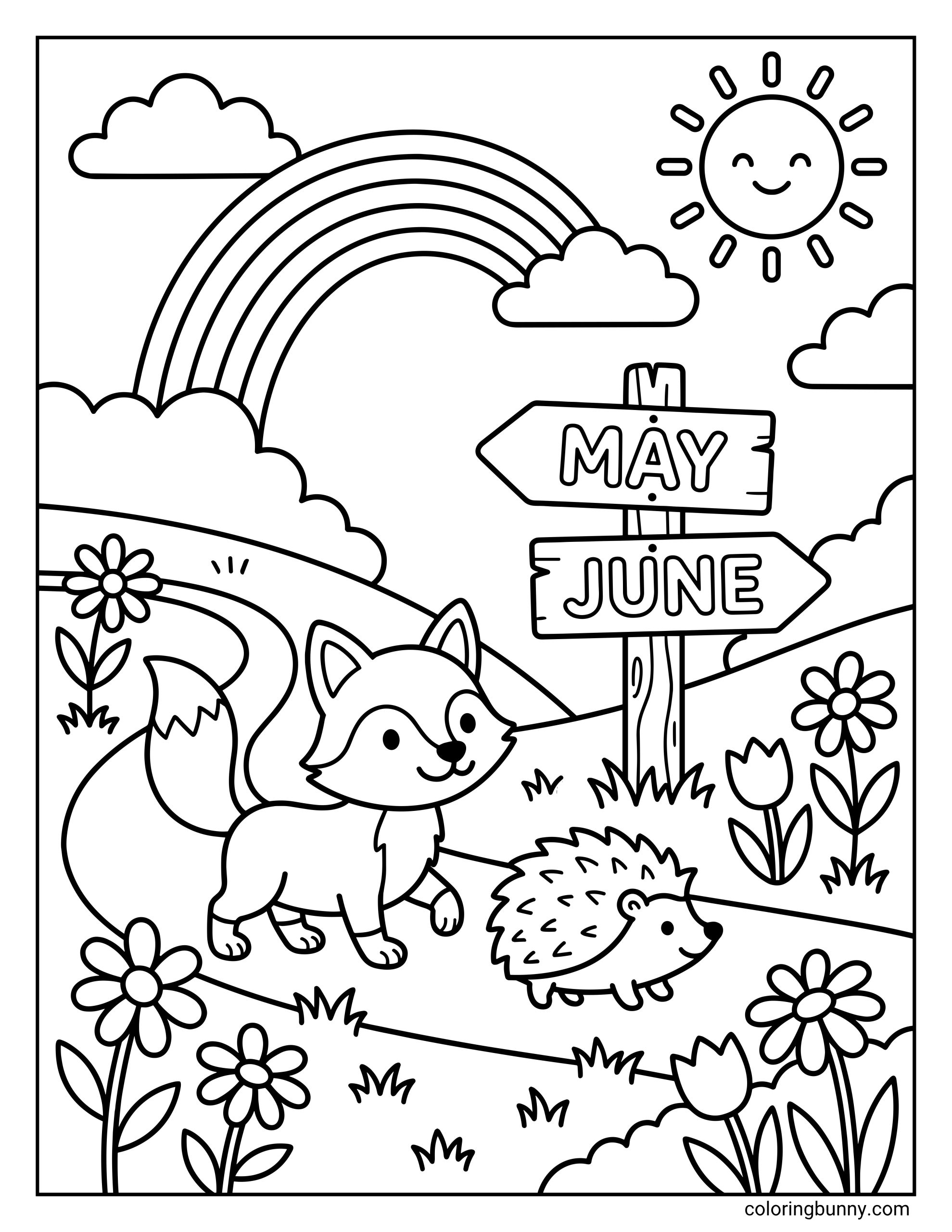 June coloring page showing a fox and a hedgehog walking on a curved path beside a wooden signpost. The top arrow points left and says “MAY,” and the bottom arrow points right and says “JUNE.” A large rainbow arches across the sky, with a smiling sun, clouds, hills, flowers, and grass around them.