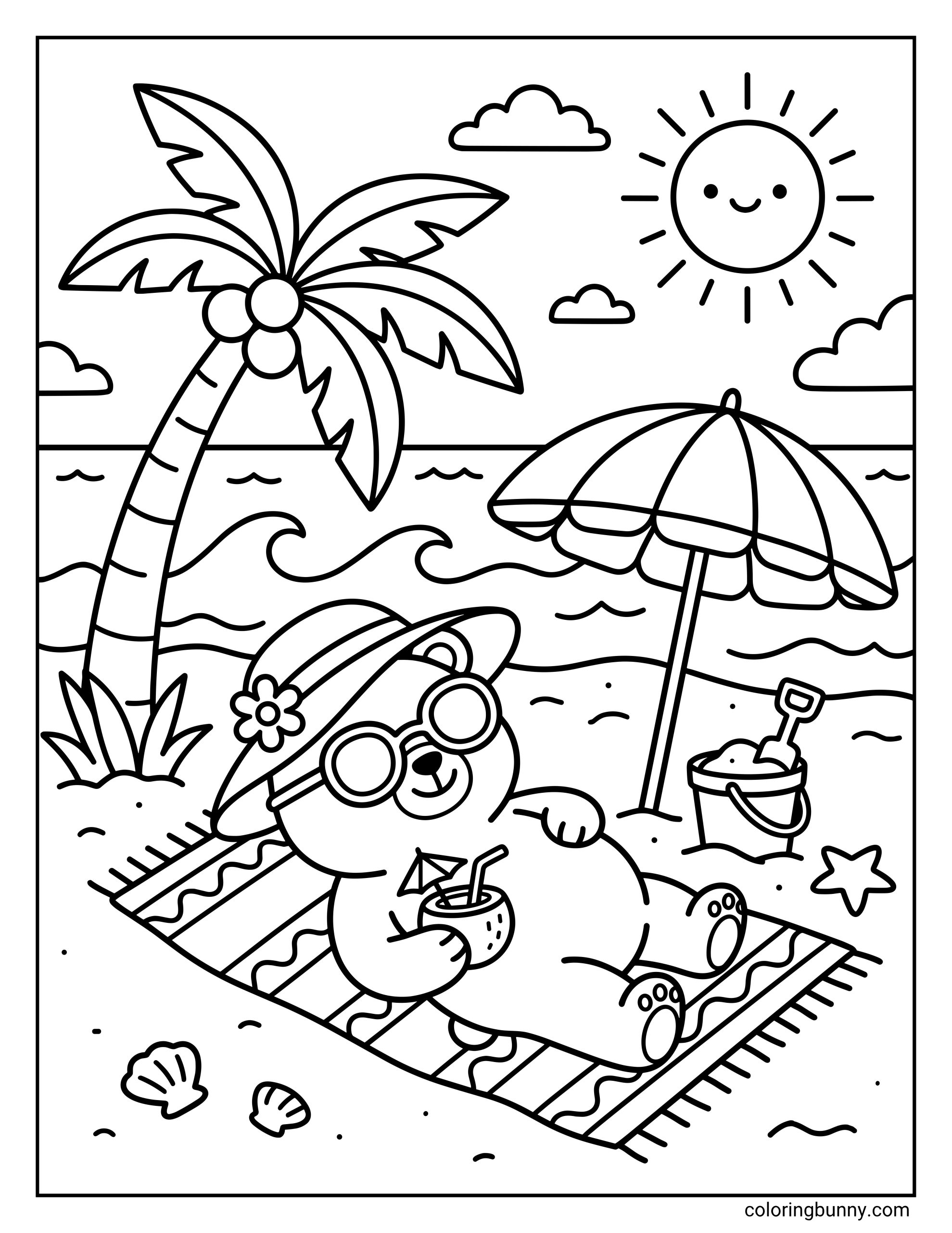 Summer coloring page featuring a cute bear wearing a flower hat and sunglasses relaxing on a striped towel holding a coconut drink next to a beach umbrella a sand bucket shovel seashells and a tall palm tree with ocean waves under a smiling sun