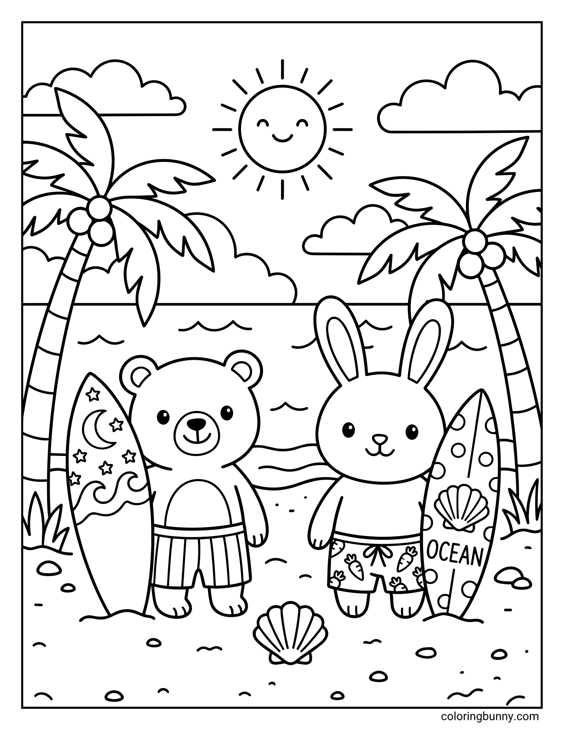Coloring page of a cute summer beach scene showing a bear holding a wave and star patterned surfboard next to a bunny holding an ocean and seashell themed board standing on a sandy shore framed by coconut palm trees beneath a smiling sun