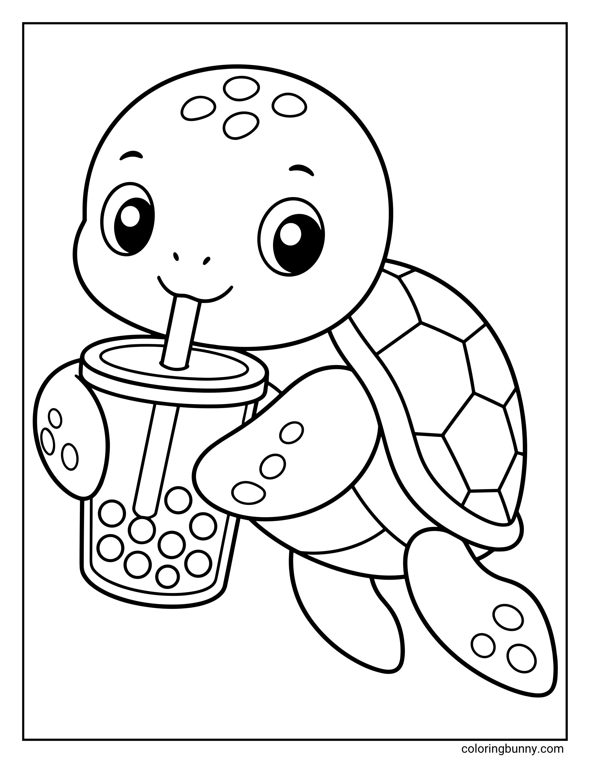 A simple turtle coloring page holding a large cup of boba tea with a straw. The design features a happy turtle with large eyes and a patterned shell, happily sipping on a drink filled with round tapioca pearls.