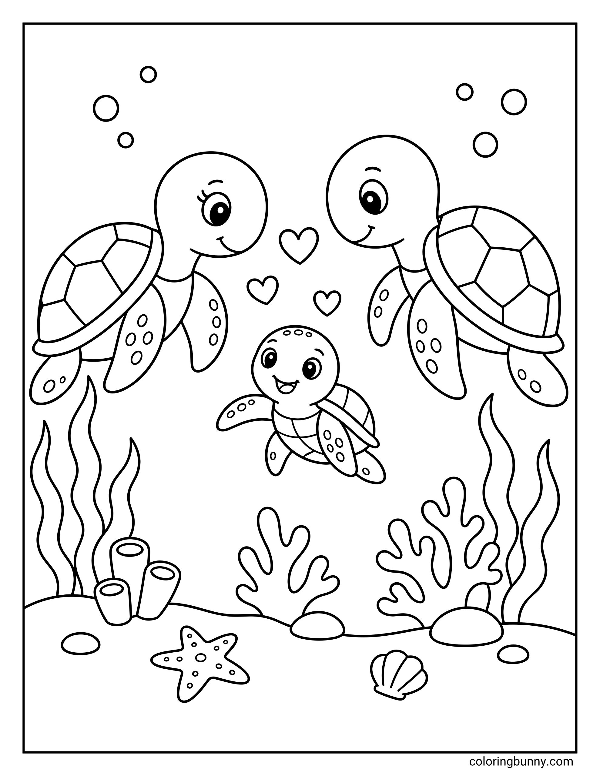 A cute coloring page of a turtle family swimming underwater while surrounded by floating hearts and bubbles. The scene features two large turtles and one small baby turtle gliding above a seabed filled with coral, seaweed, a starfish, and a seashell.