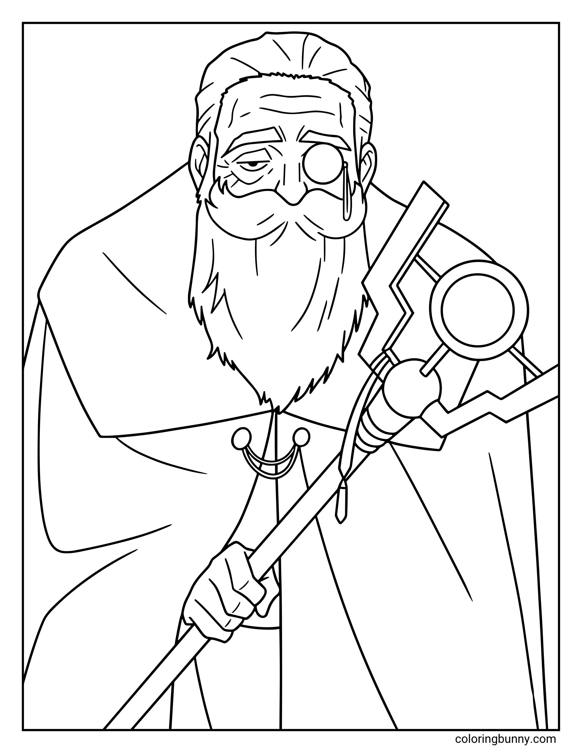 A coloring page of Denken from Frieren: Beyond Journey's End featuring the seasoned Imperial Mage wearing his signature monocle and holding his ornate magical staff. The design showcases his long, flowing beard and detailed robes, capturing his dignified and wise presence in clear line art.