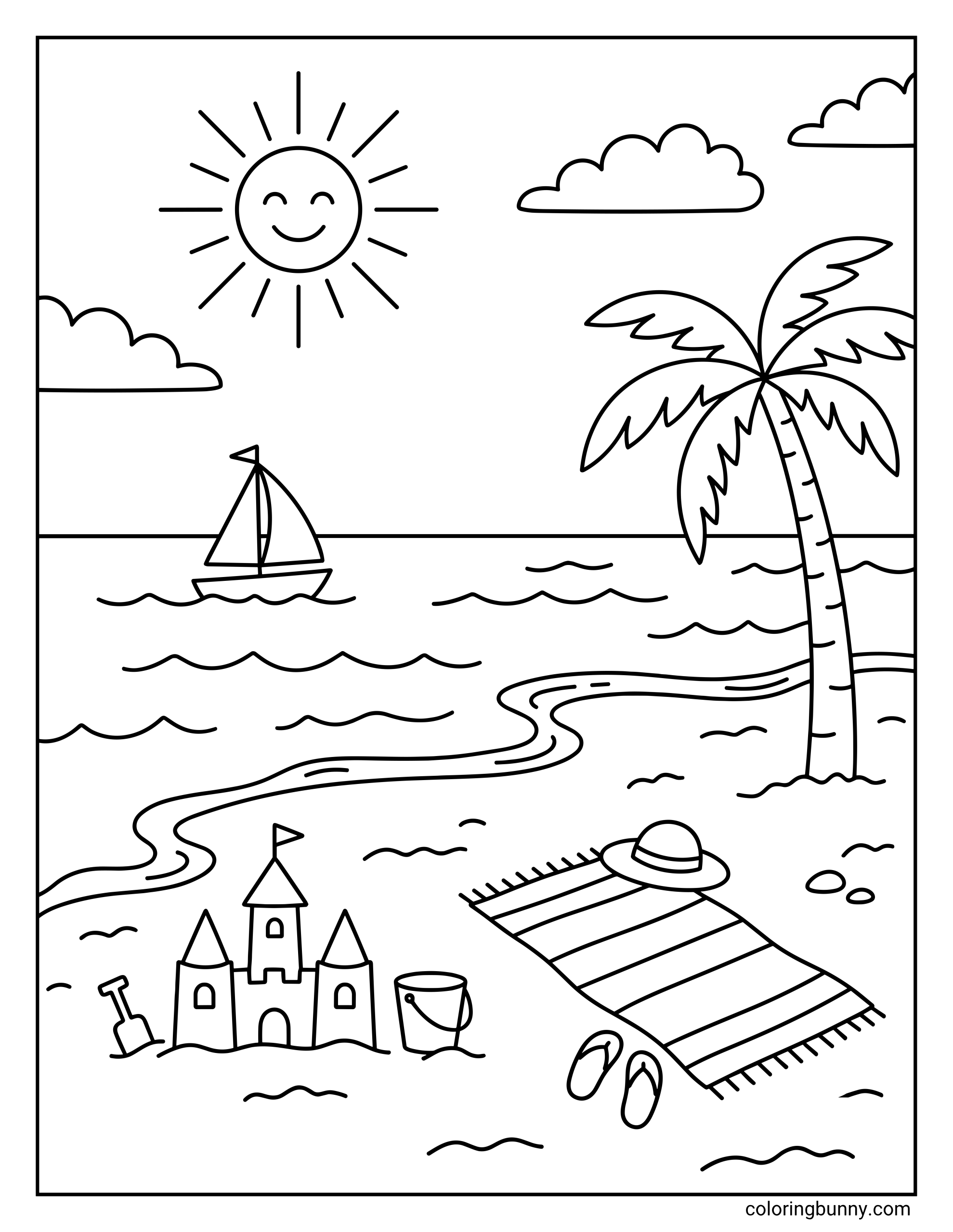 Easy beach coloring page featuring a sunny seascape with a smiling sun, clouds, and a sailboat on the water. The sandy shore in the foreground shows a detailed sandcastle, beach towel, flip-flops, sun hat, and a tall palm tree.
