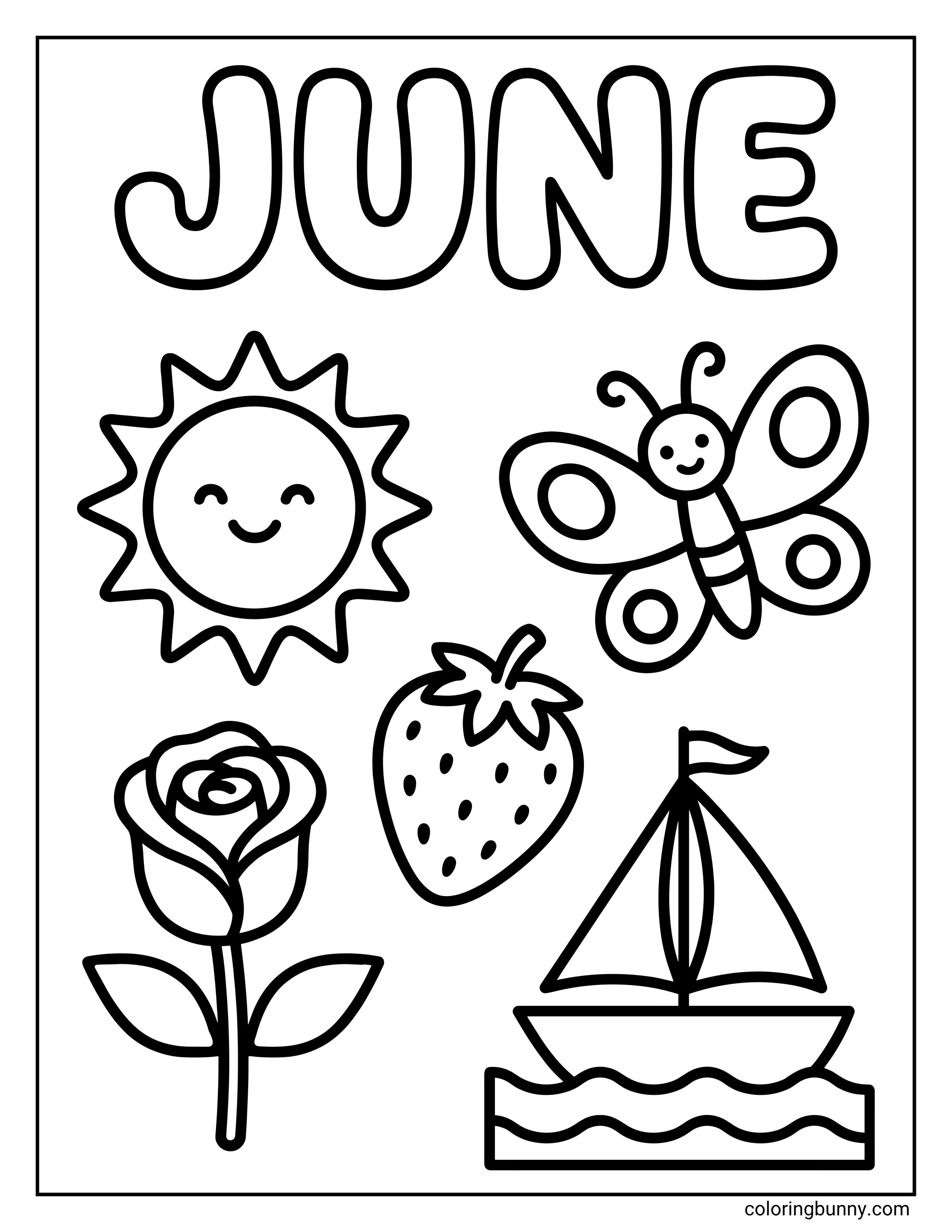 Easy June coloring page for kids featuring large “JUNE” bubble letters at the top, with a smiling sun, a butterfly, a strawberry, a blooming rose, and a little sailboat arranged in a simple, cheerful layout.