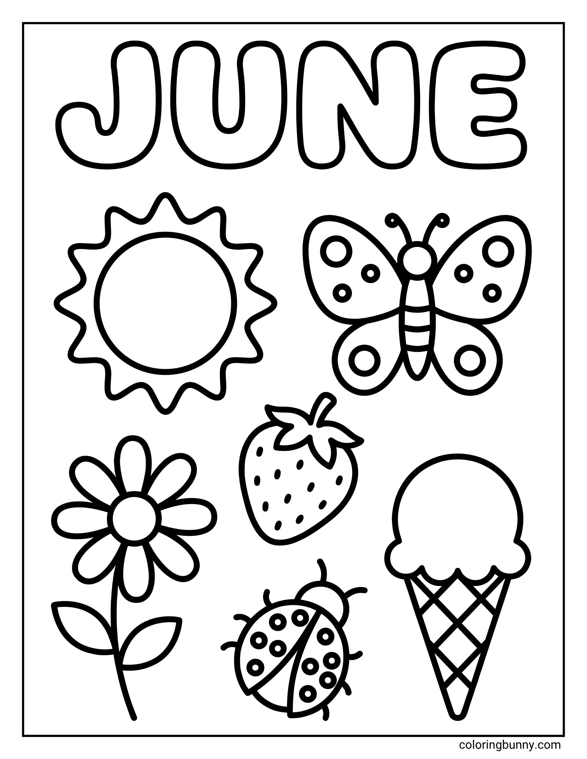 Easy June coloring page showing oversized bubble text and classic June images such as a sun, butterfly, flower, strawberry, ladybug, and ice cream cone.