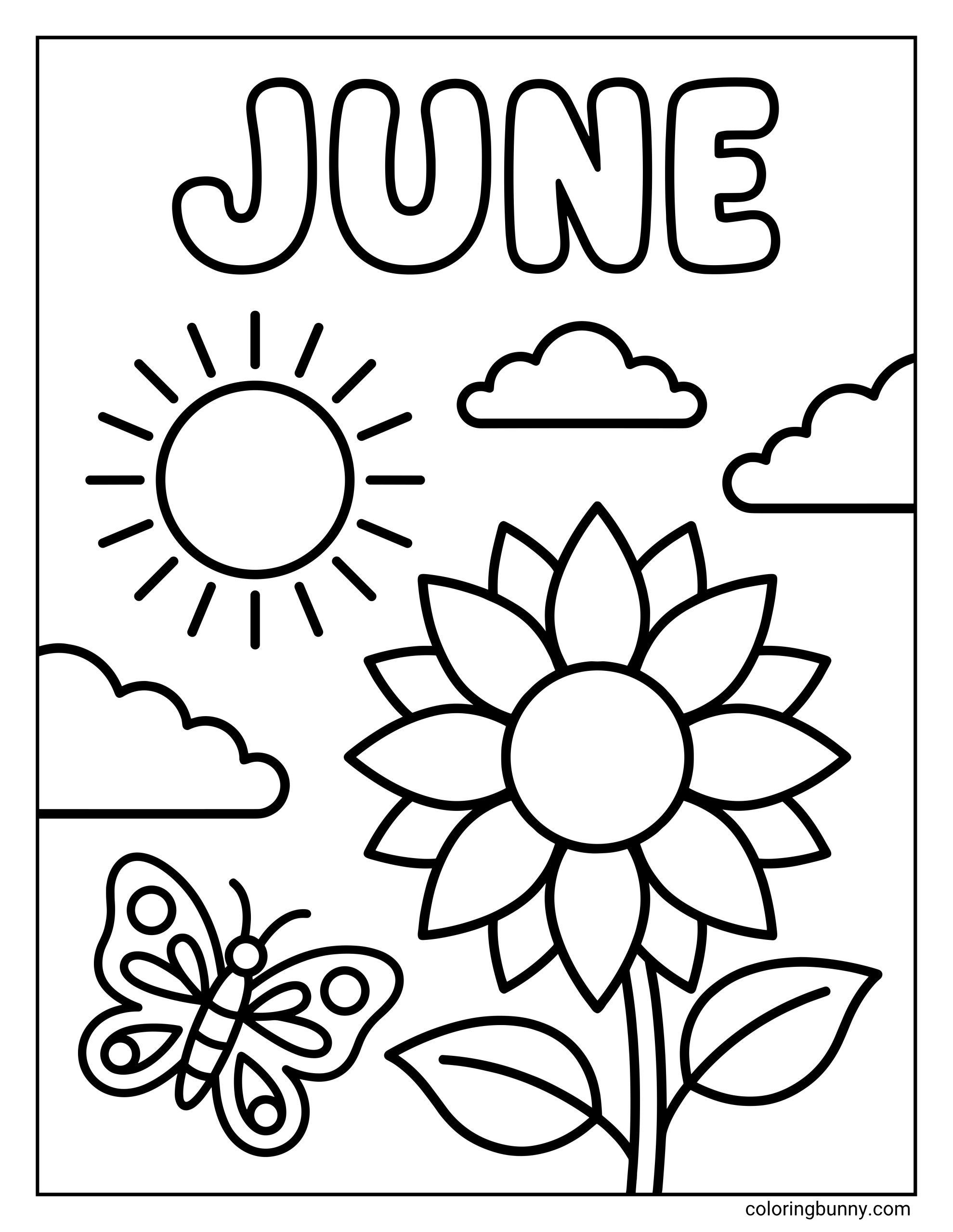 June coloring page with large bubble letters spelling “JUNE” at the top. Below the word are a sun, three clouds, a large sunflower, and a butterfly.