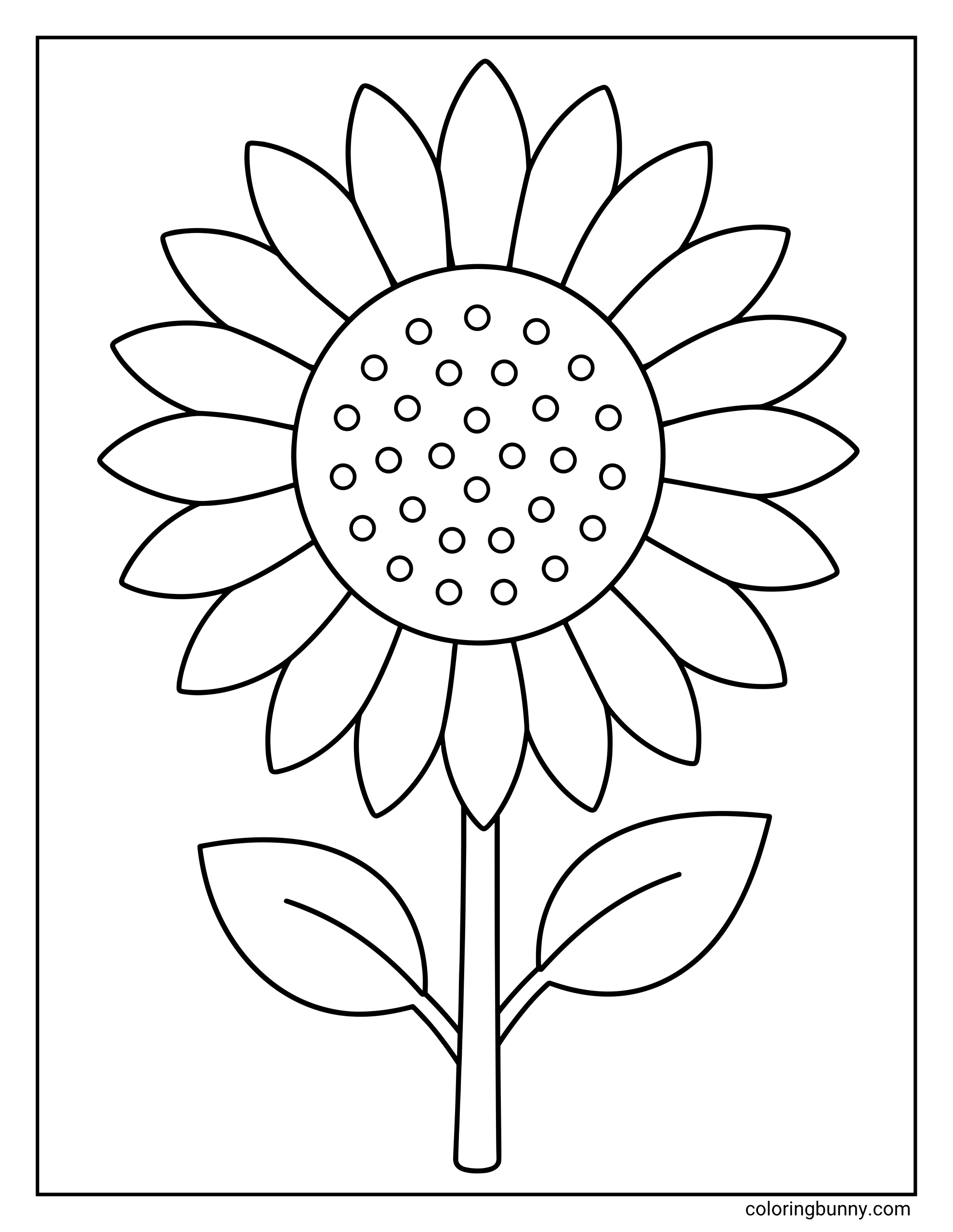 Easy sunflower coloring sheet featuring one large flower with a round center covered in small circular seed details. Many rounded petals fan out around the center, while a sturdy stem and two leaves stretch down the page.