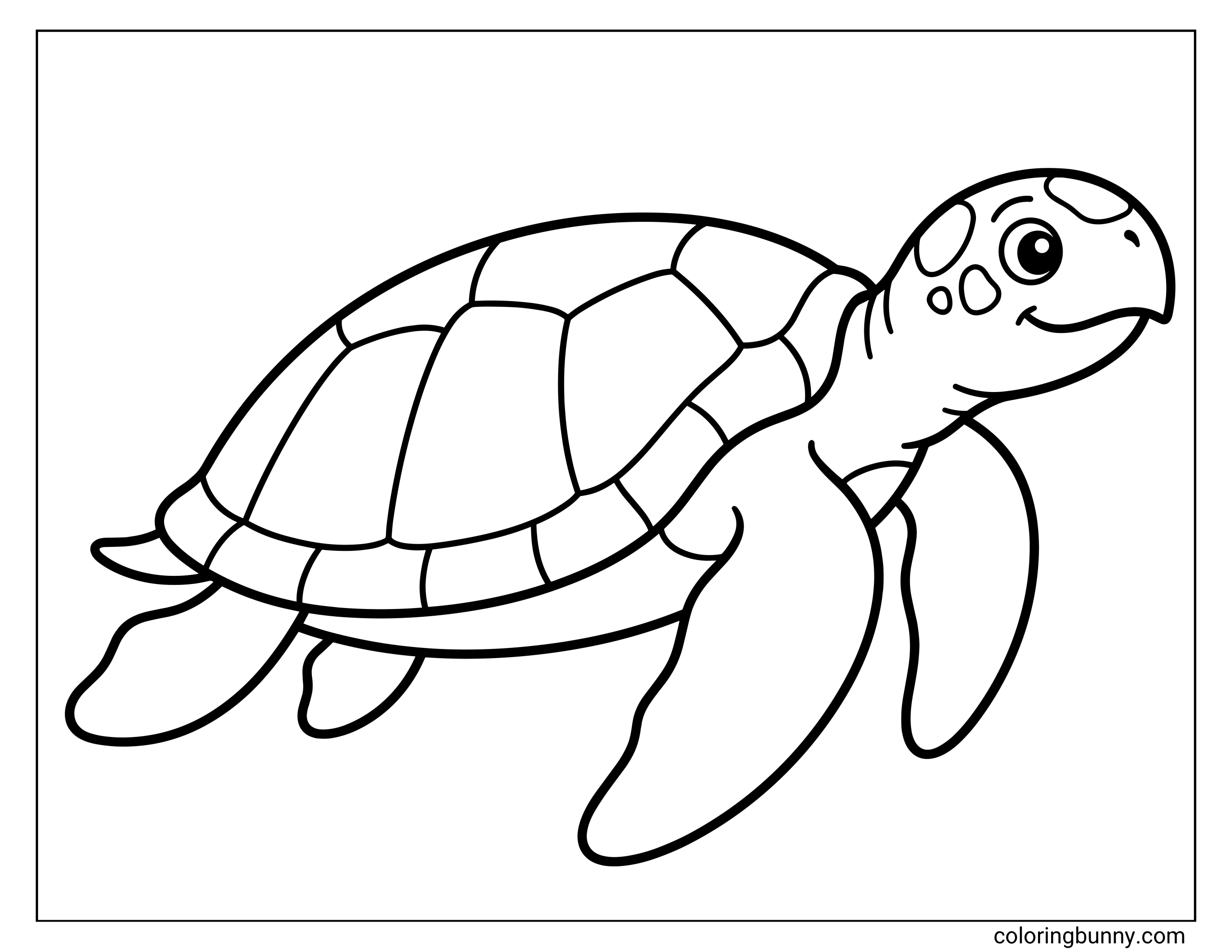 An easy coloring page of a simple sea turtle. The page features a happy turtle with large, friendly eyes and distinct patterns on its shell and head.