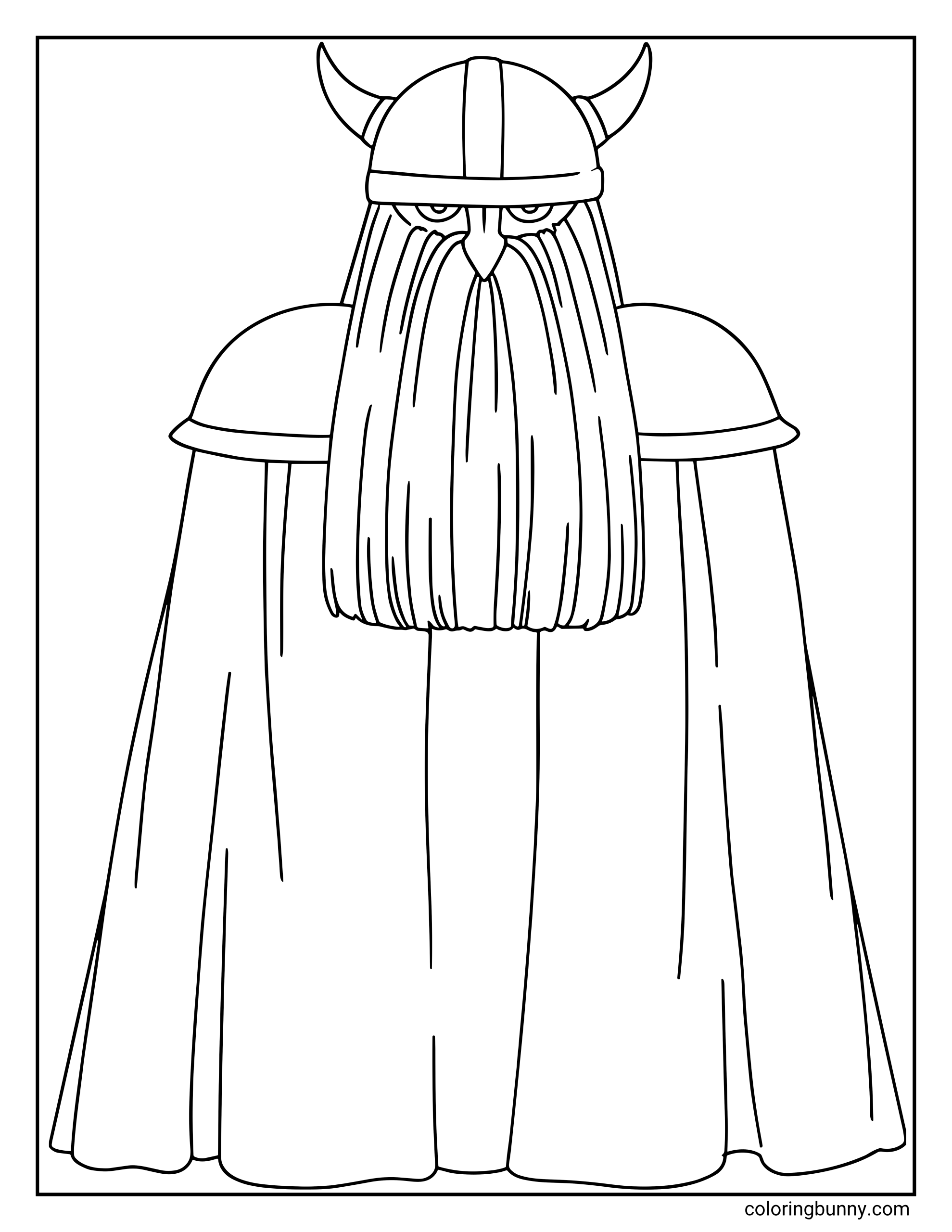 A coloring page of Eisen from Frieren: Beyond Journey's End featuring the sturdy dwarven warrior in his full adventuring gear, including his iconic horned helmet. The page emphasizes his long, straight beard and heavy traveling cloak.