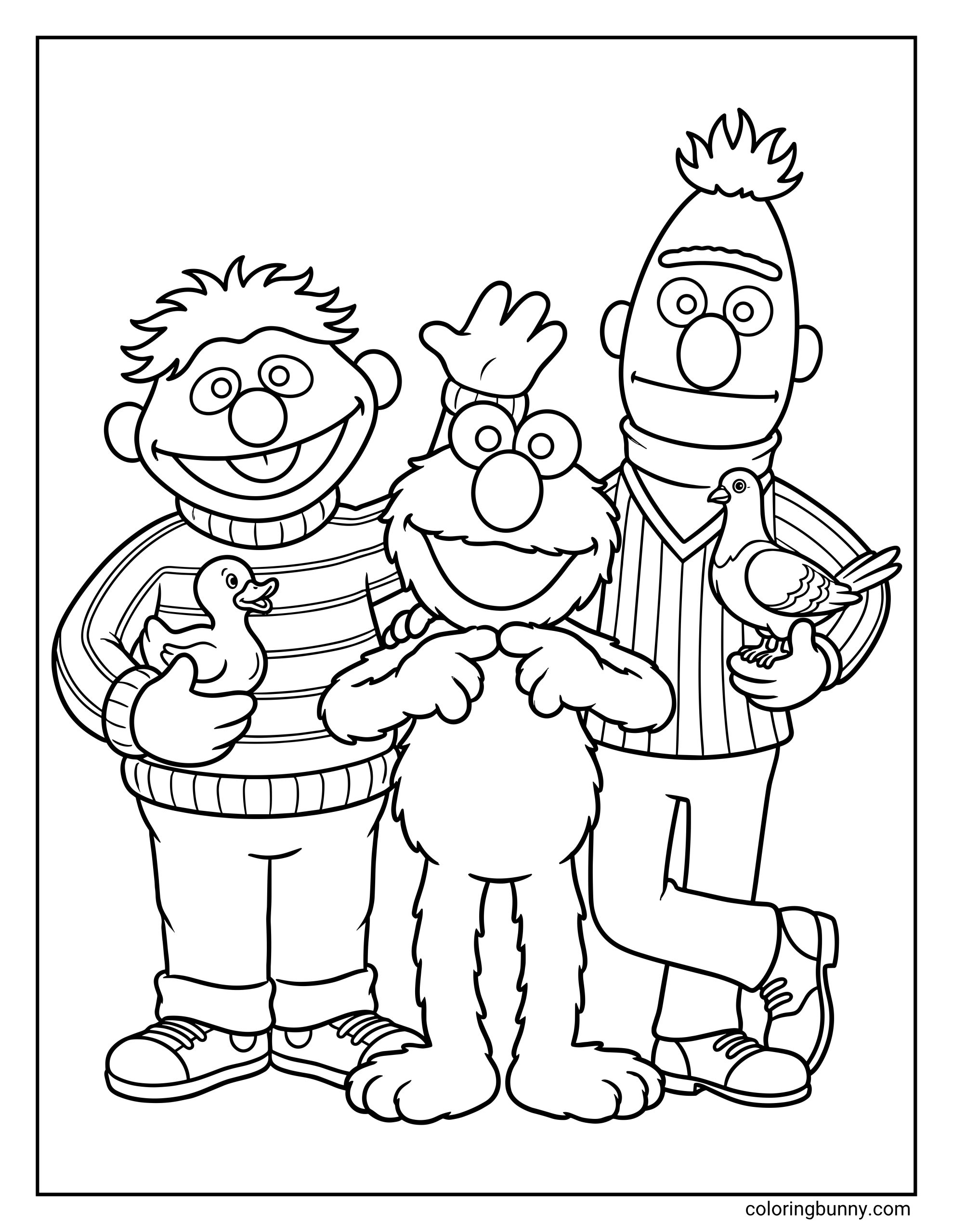 Elmo, Bert, and Ernie coloring page featuring the three Sesame Street best friends standing together. Ernie is happily holding his favorite rubber duckie, Bert is holding a pet pigeon, and Elmo is cheerfully waving.