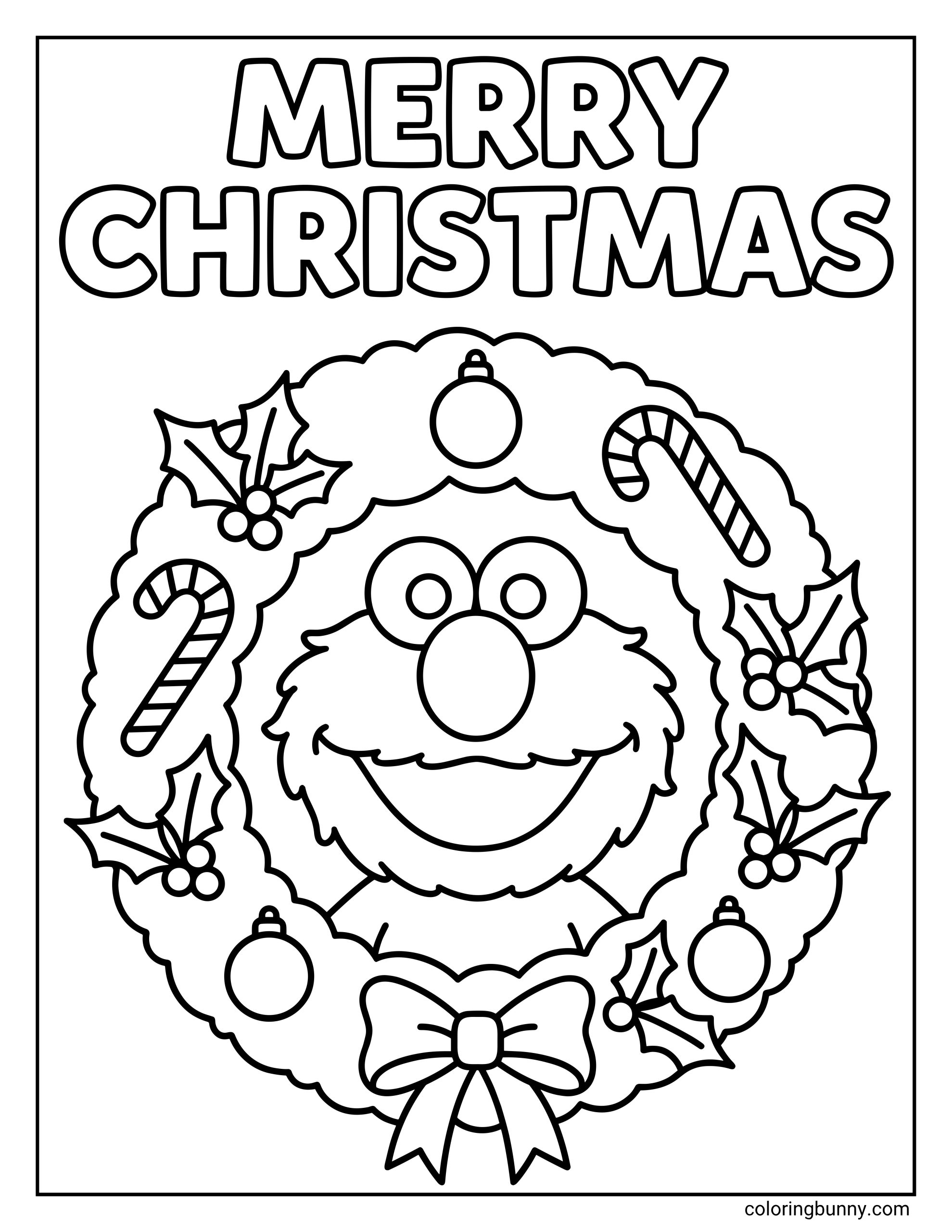 Elmo Christmas coloring page showing Elmo from Sesame Street centered inside a fluffy Christmas wreath. The words “MERRY CHRISTMAS” appear in large rounded letters above, and the wreath includes holly sprigs, hanging ornaments, striped candy canes, and a bow.