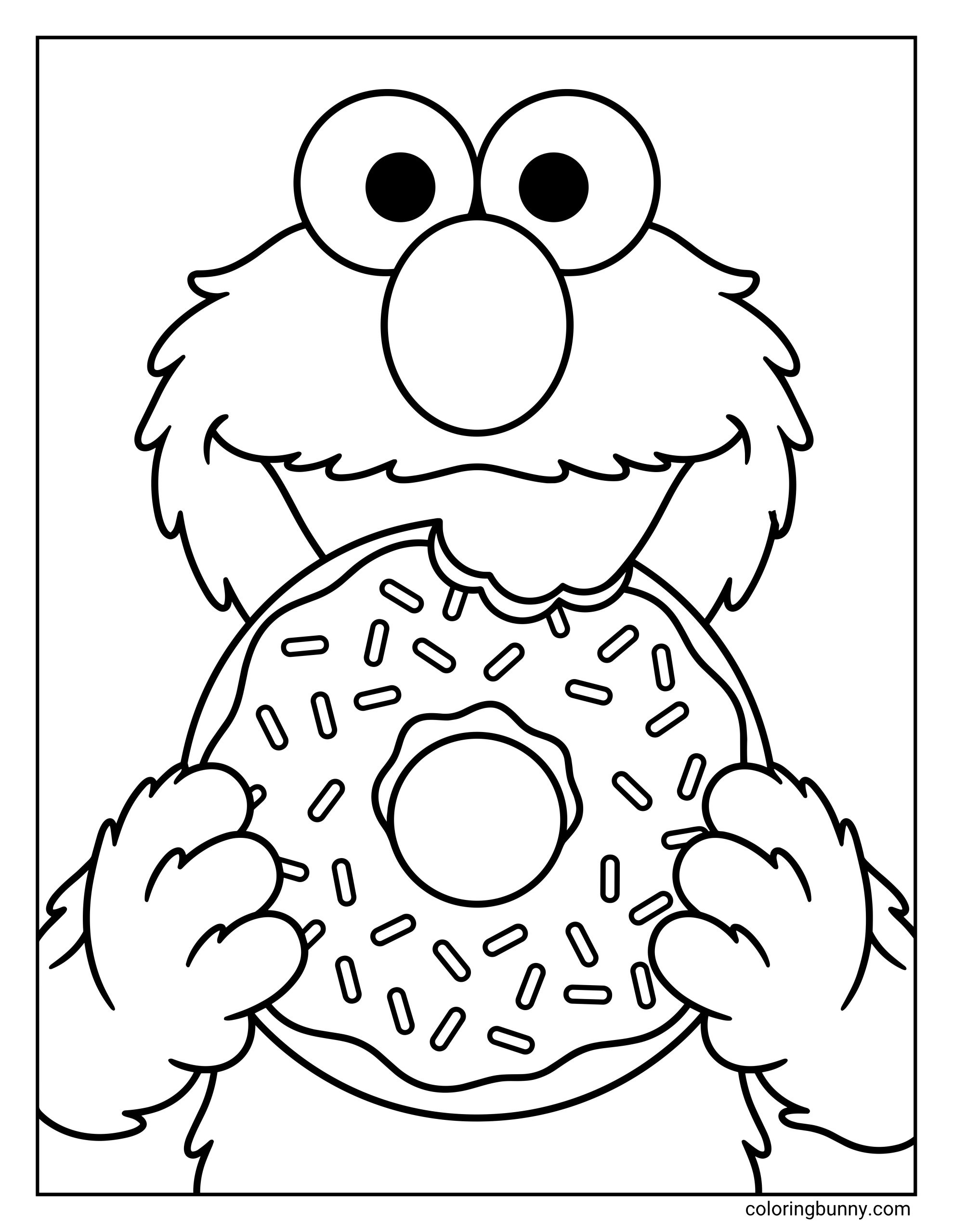 Simple Elmo coloring page depicting the beloved monster character from the chest up, gripping an enormous, perfectly round donut loaded with sweet frosting and fun sprinkles while taking a large bite.